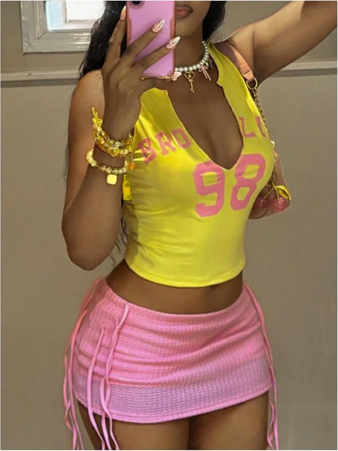 Milumia Women's Two Piece Skirt Set Color Block Graphic Crop Tank Top Mini Skirts Y2k Going Out Outfits