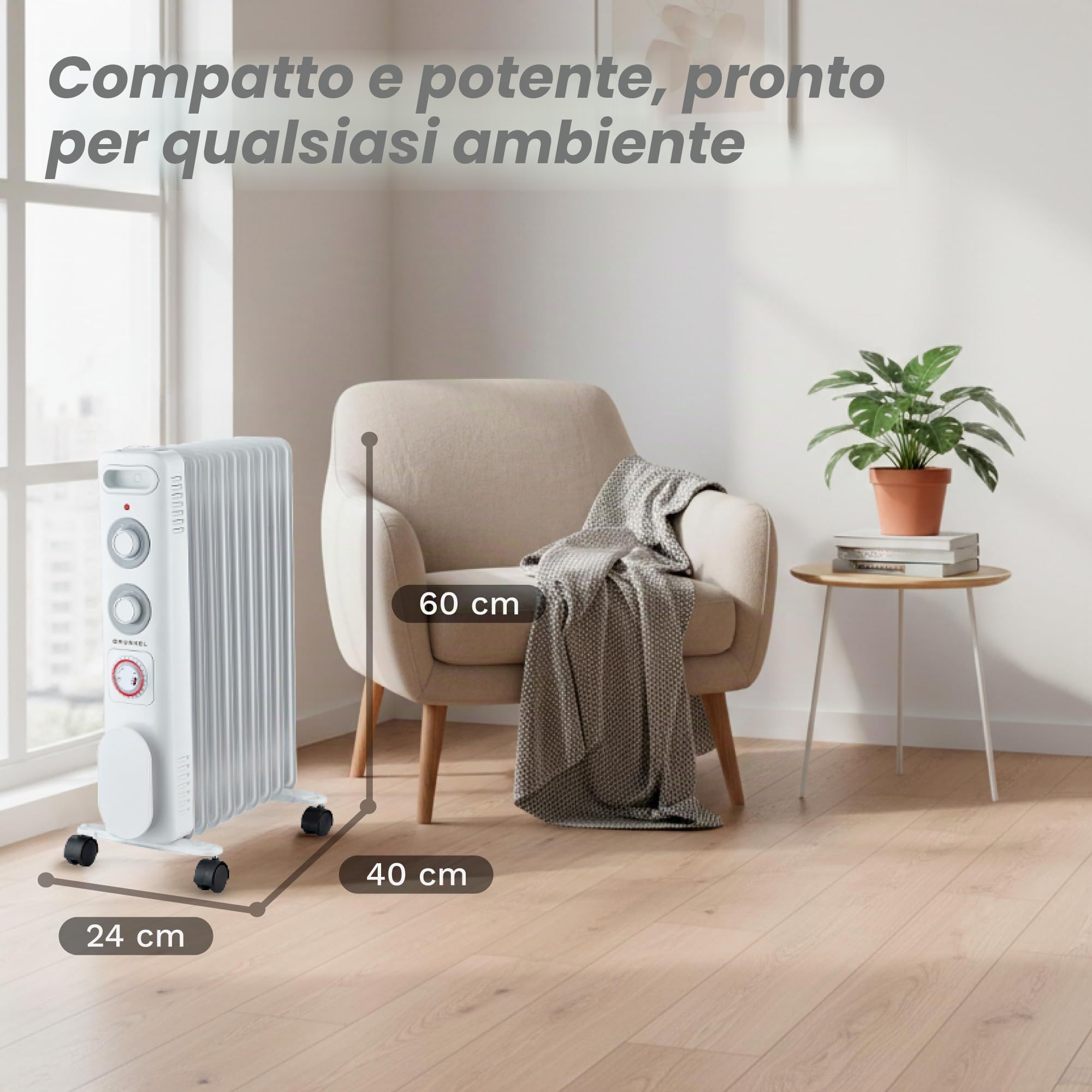 GRUNKEL RD-2000S Radiatore ad olio, 2000 W-2500 W, 9 elementi, 3 livelli di potenza, timer 24 ore, termostato regolabile, ruote multidirezionali