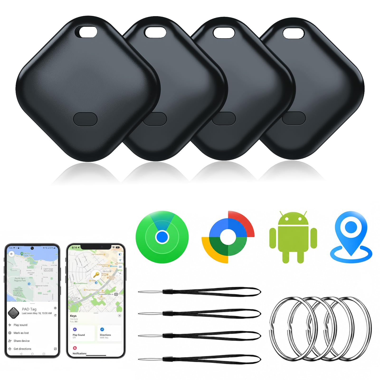 Smart Traceur Tag Android&iOS avec iOS Find My et Google Find Hub, Lot de 4