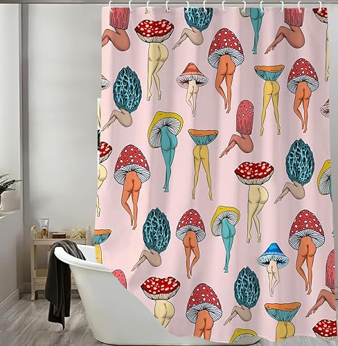 Miniatura 4 de Divertida cortina de ducha con trasero de hongo, divertida y sexy, de los años 70 y 80, cortinas de ducha de tela para baño, hippie, psicodélico,