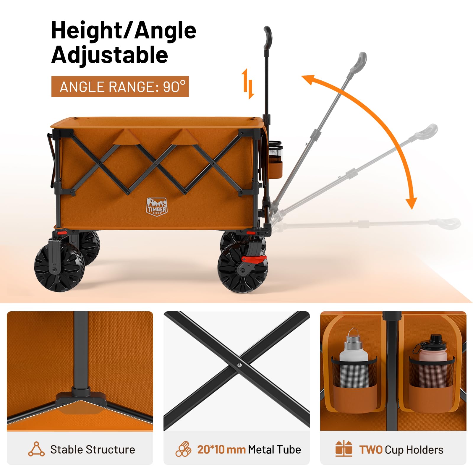 TIMBER RIDGE Zusammenklappbarer Outdoor-Wagen mit Bremsen und Getränkehaltern, 227 kg, strapazierfähig, für alle Geländeräder, Mehrzweckwagen für Einkaufen, Camping, Garten, Sport, Orange
