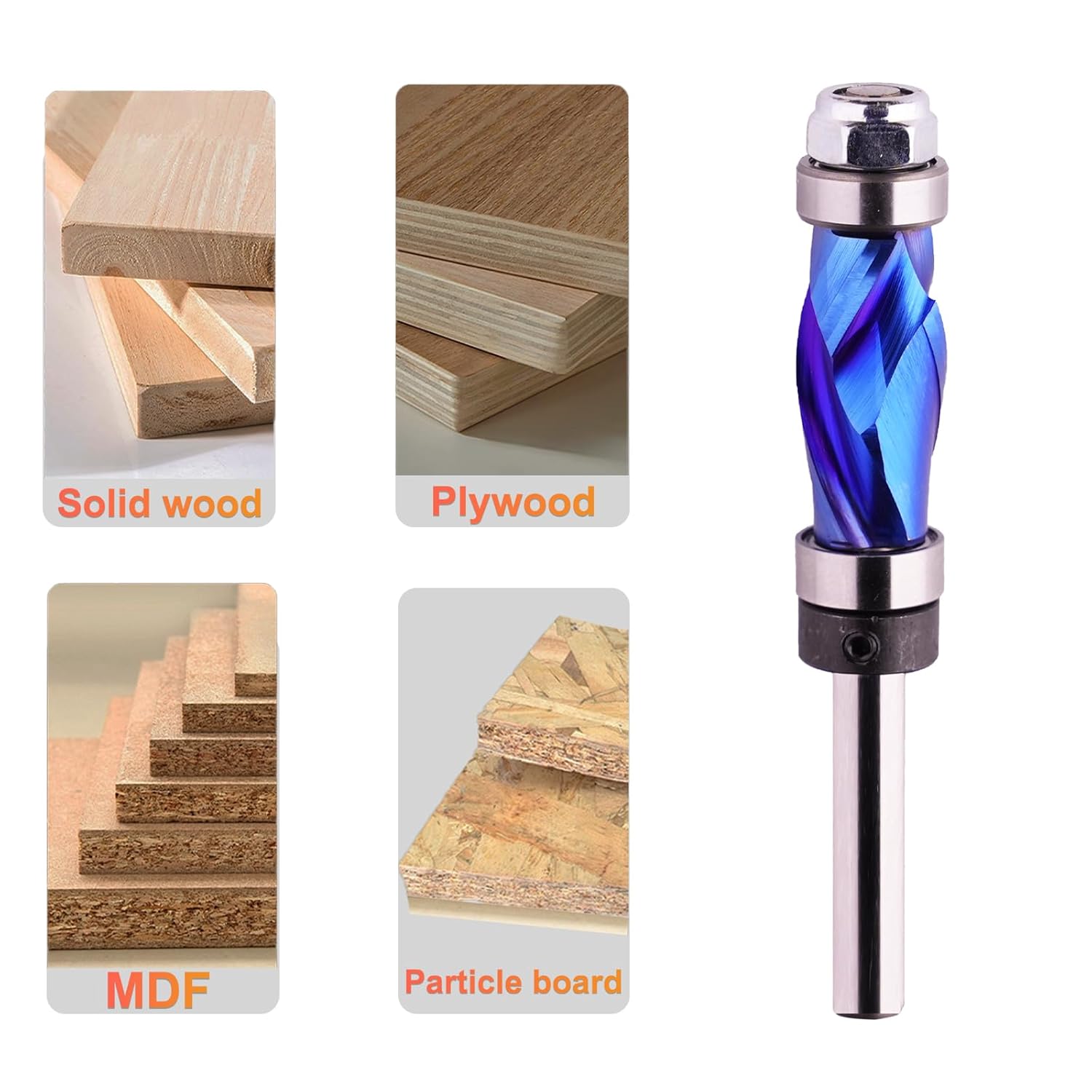 Top & Bottom Bearing Compression Flush Trim Router Bit 1/4" Shank 1/2" Cutting Diameter 1" Cut Height Spiral Up-Down Template Pattern Flush Cut Router Bit for Woodworking Trimming