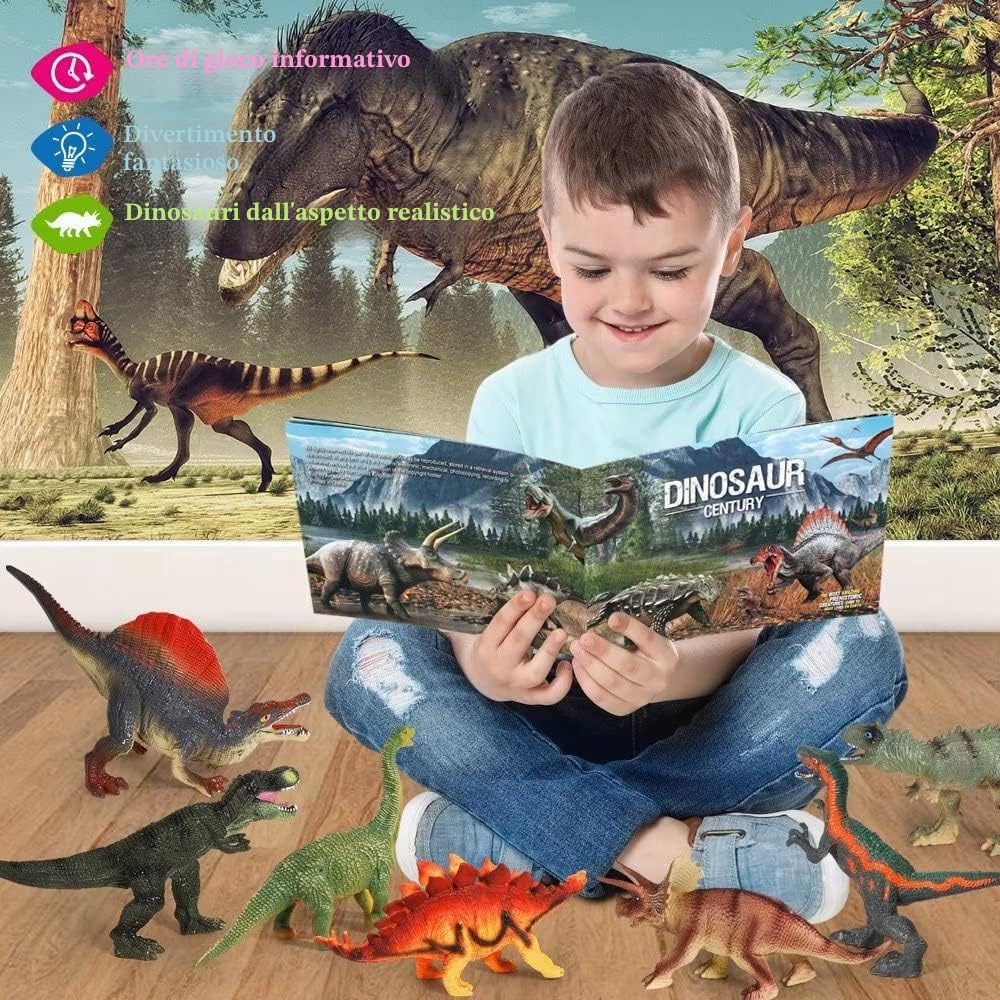 FRUSE Dinosauro Giocattolo per Bambini,12 Pezzi Educativi Realistico Figure di Dinosauri con T-Rex,Velociraptor,Libro Dinosauro,Dinosauri Giocattoli per Ragazzi Ragazze 3 4 5 6 Anni