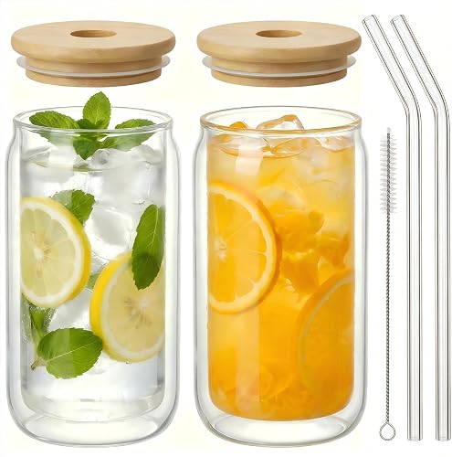 12oz Double Wall Drinking Glass Cups with Bamboo Lids and Straws, 2 Pcs Iced Coffee cups – Condensation Resistant Insulated Glass Can Tumblers for Cold Drinks, Tea, Juice, Cleaning Brush