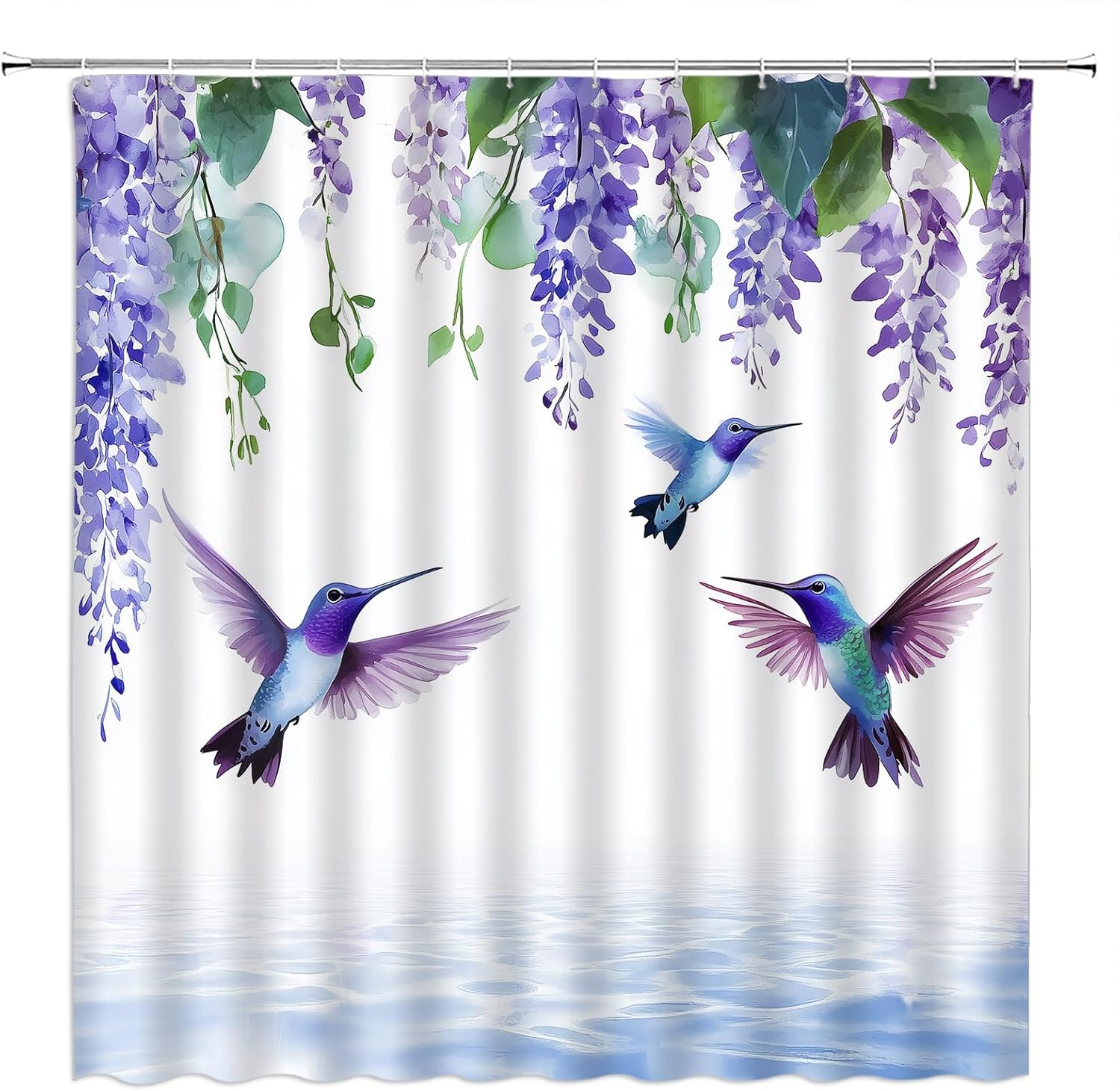 Hummingbird Leaves Shower Curtain Purple Wisteria Floral Weeping Blossom Green Vine Leaves Dreamy 70" Wx84 H Fabric Bathroom Decor Curtain with Hooks