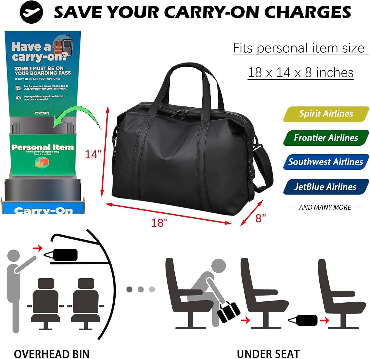 Travel Duffle Bag, for Spirit Airlines Personal Item Bag 18x14x8, PU Leather Carry on Tote Bag with Shoulder Strap, Weekender Bag for Men and Women - Image 4