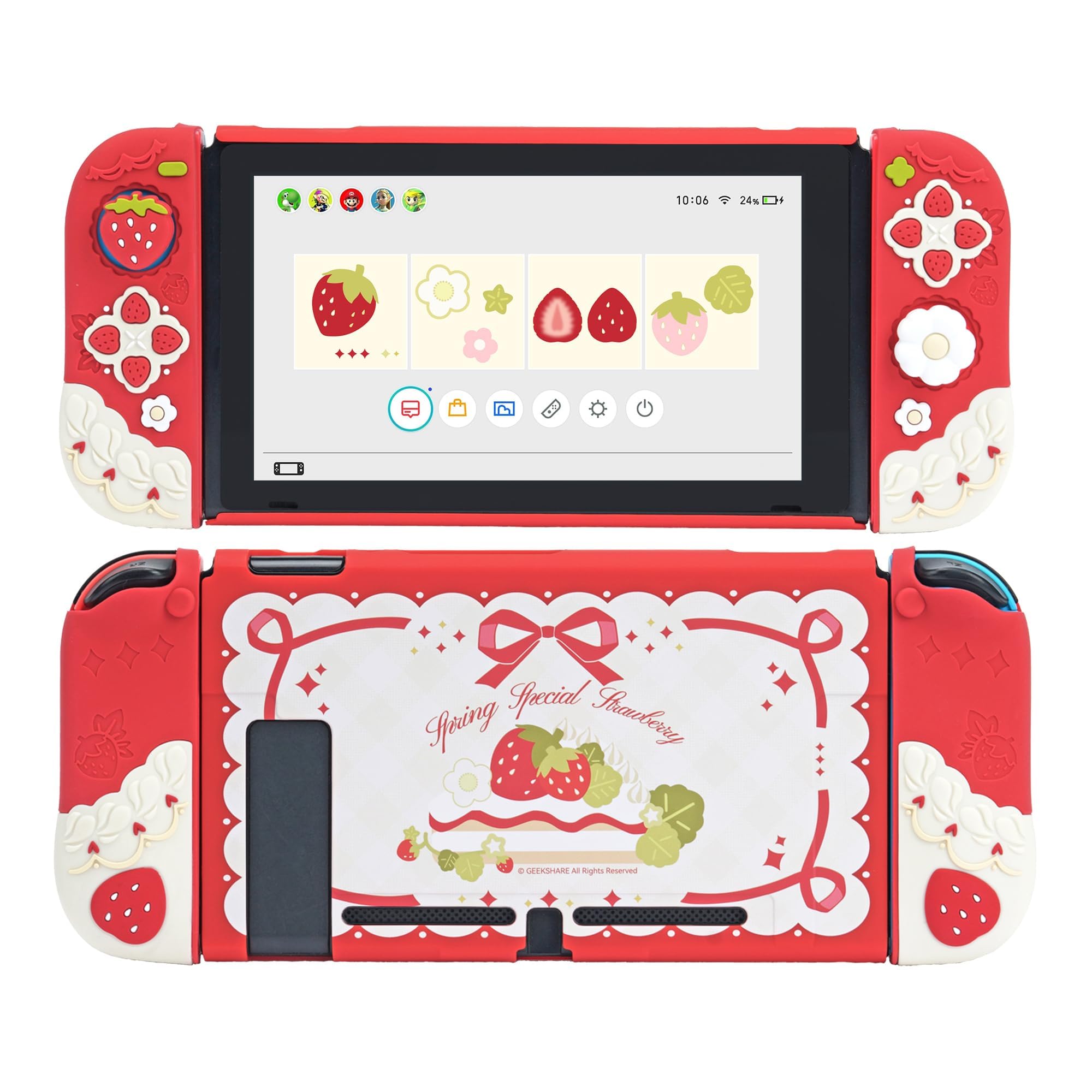 Coque de Protection en Silicone GeekShare Compatible avec Switch, étui Fin Anti-Rayures, Coque de Protection séparable avec 2 Capuchons pour Le Pouce – Fraises à la crème