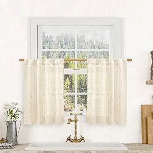 LAMIT Short Linen Window Curtains 30 Inches Long 2 Panels, Beige Semi Sheer Light Filtering Panels Back Tab and Rod Pocket Neutral Drapes for Basement/Small Windows, 34 x 30 Inch