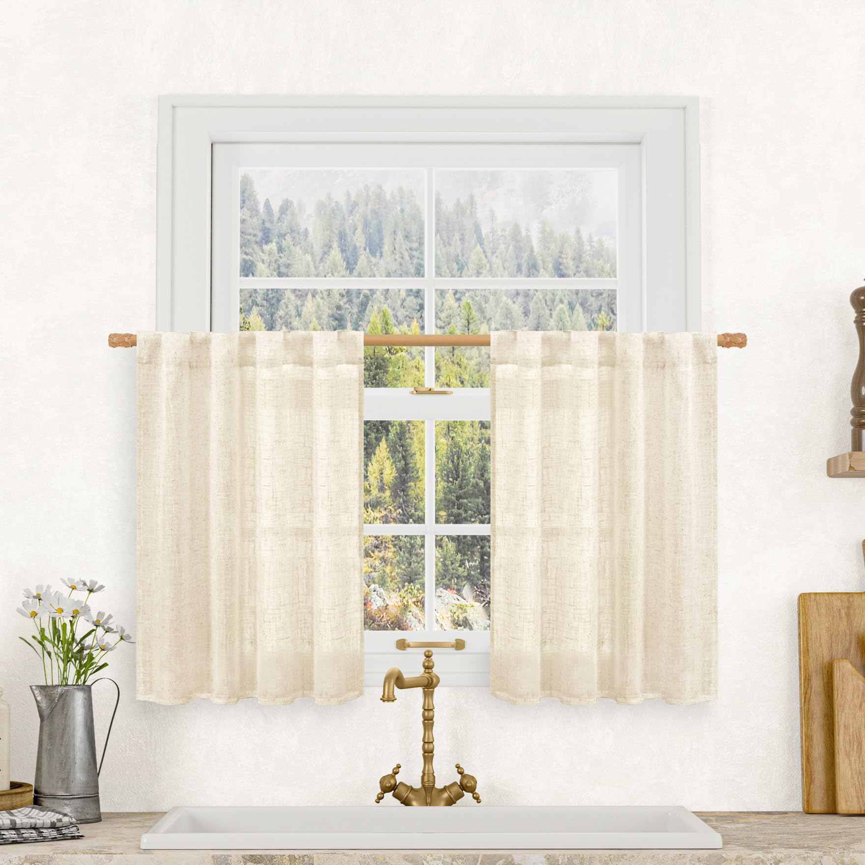 LAMIT Short Window Linen Curtains 36 Inch Length 2 Panels, Beige Light Filtering Panels Back Tab and Rod Pocket Neutral Drapes for Bathroom/Loft Room, 34 x 36 Inch โ image 1