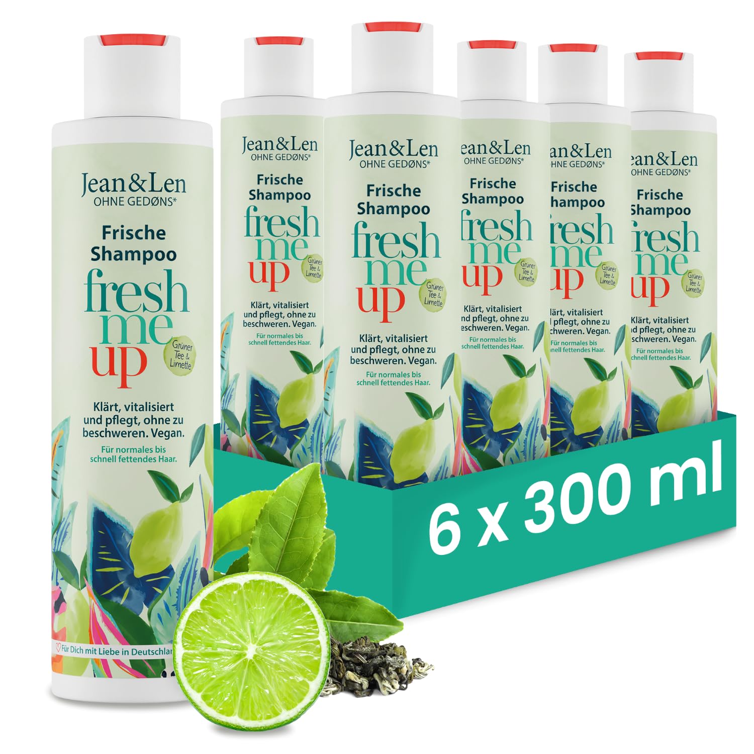 Jean & Len Frische Shampoo Grüner Tee & Limette, für normales bis schnell fettendes Haar, schützt vor Feuchtigkeitsverlust, ausgleichende Pflege, ohne Parabene und Silikone, vegan, 6 x 300 ml