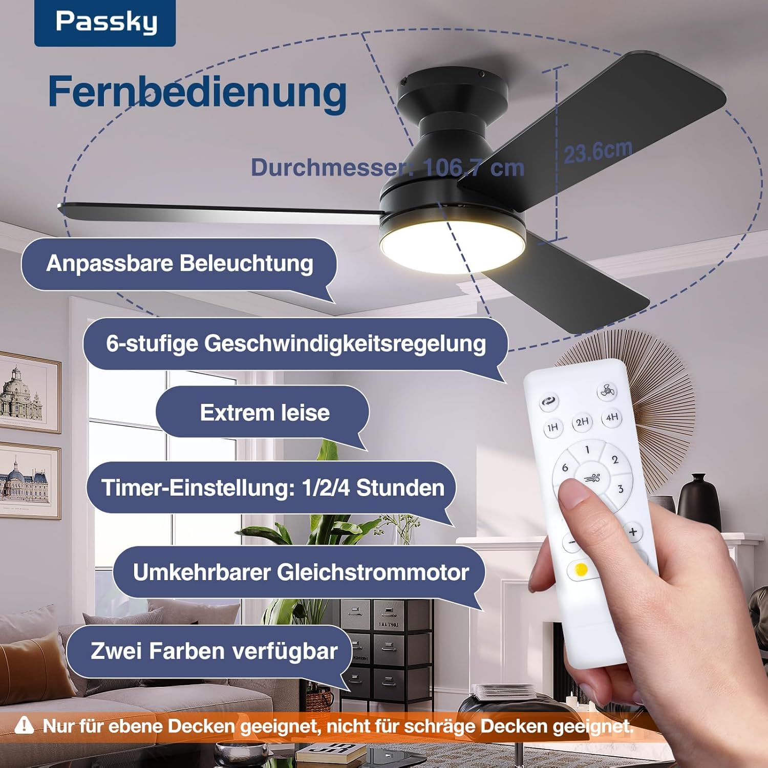 Passky Deckenventilator mit Beleuchtung Fernbedienung107cm Schwarz | 3 Flügeln LED Leiser DC-Motor Timer 3 Farbtemperaturen 6 Geschwindigkeiten Umkehrbar Sommer Winter Wohnzimmer Schlafzimmer