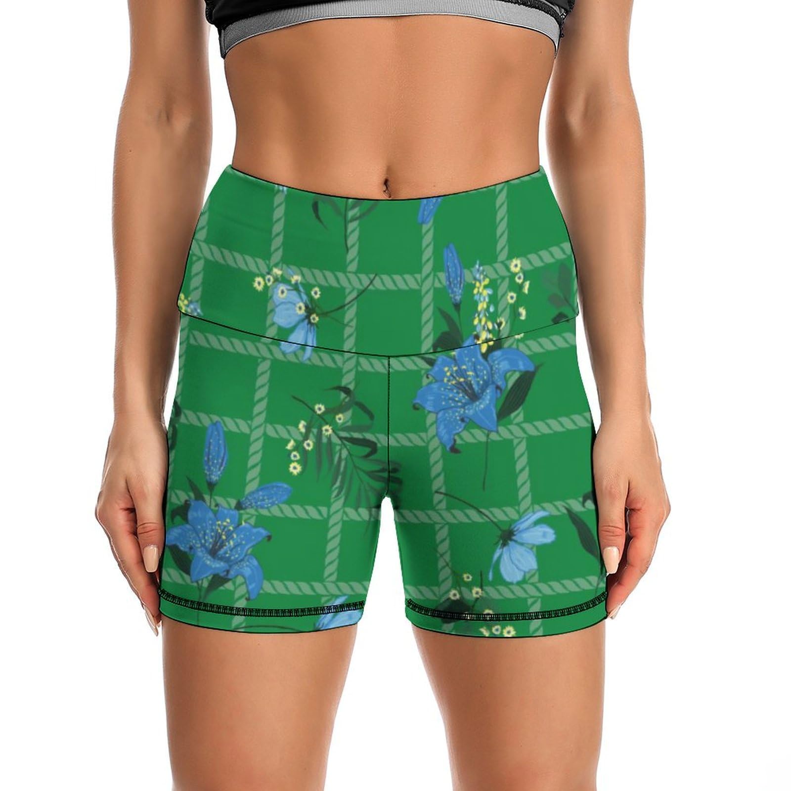 Lily Pattern High Waist Yoga Shorts for Women Athletic Shorts Leggings Running Pants Black