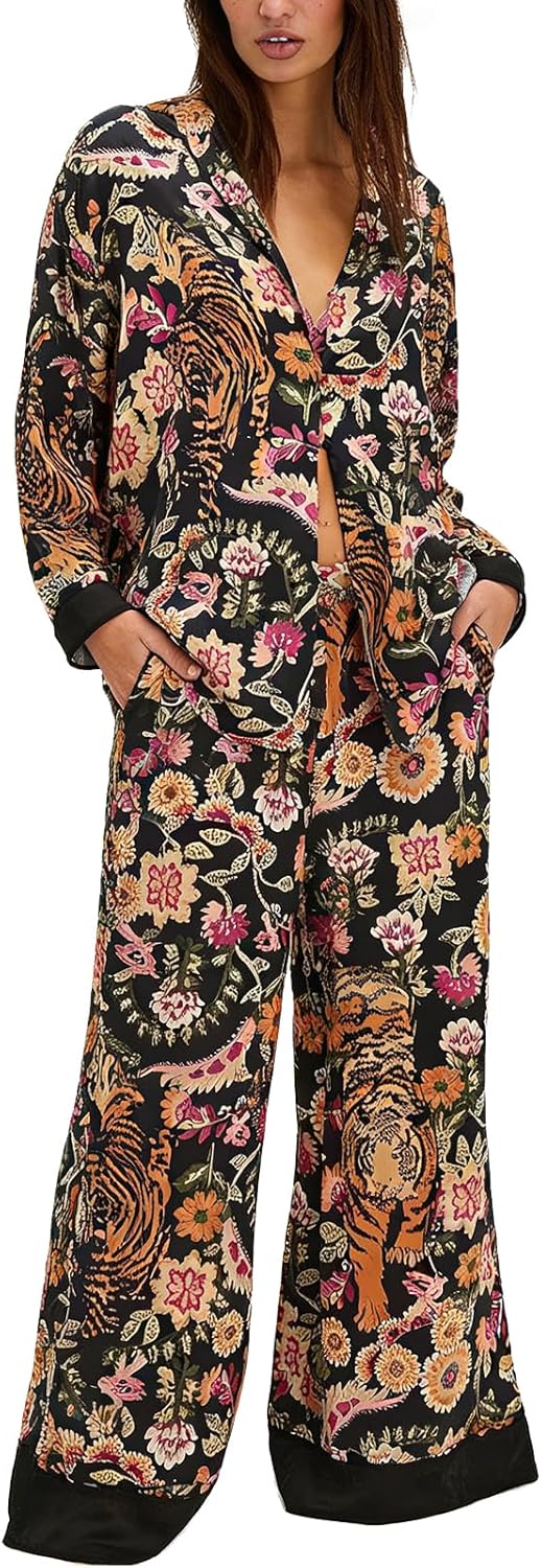 Women Satin Pajama Set Floral Silk Pajamas 2 Piece Lounge Sets Button Down Shirts Wide Leg Pants Pjs Sleepwear - Image 5