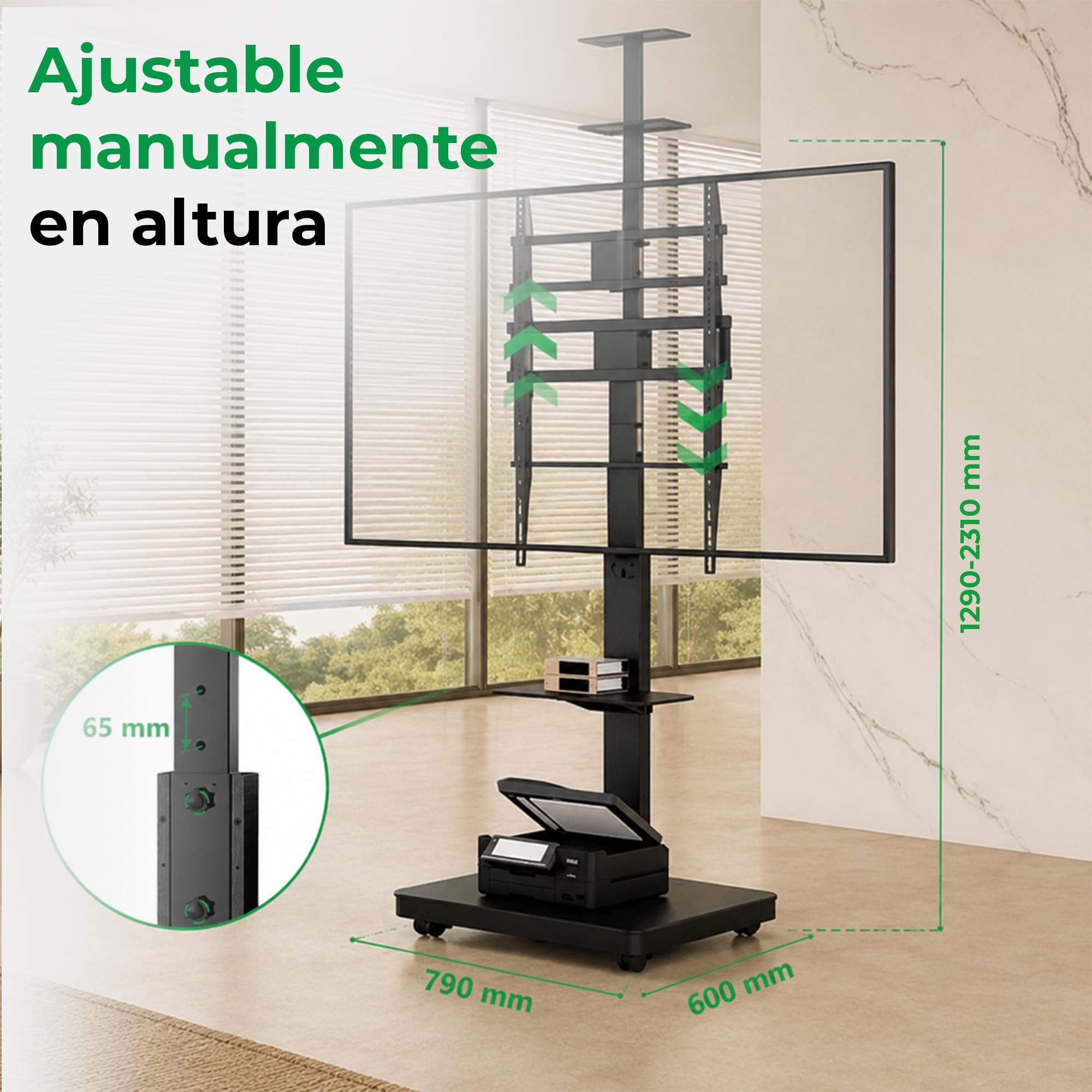 Elite Soporte de TV móvil y Regulable en Altura para 40-86 Pulgadas y máx. 60 kg, Soporte inclinable hasta máx. VESA 600x400, con estantes y Enchufe, Blanco, Manual