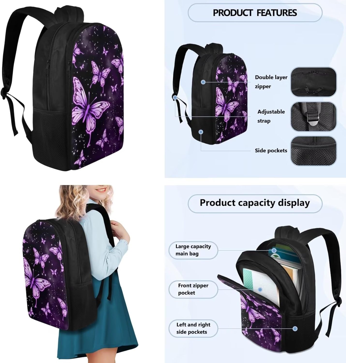 Flashideas Purple Butterfly Kids Backpack Set for Girls with Lunch Box Insulated Water Bottle 4Pcs Backpack and Water Bottle Cover with Padded Strap for Girl Kid Students Elementary School