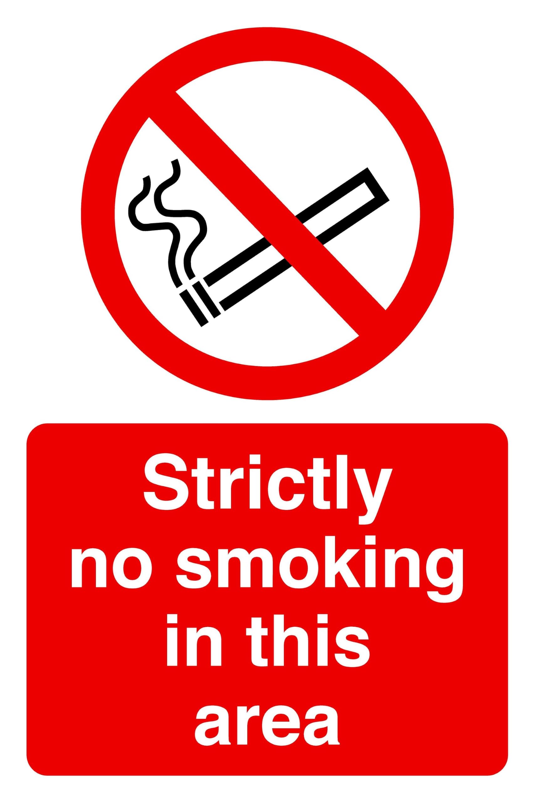 Strictly no smoking in this area safety sign- 1.2mm Rigid plastic for indoor/outdoor usage (200mm x 150mm) Viewing Distance within 5m.