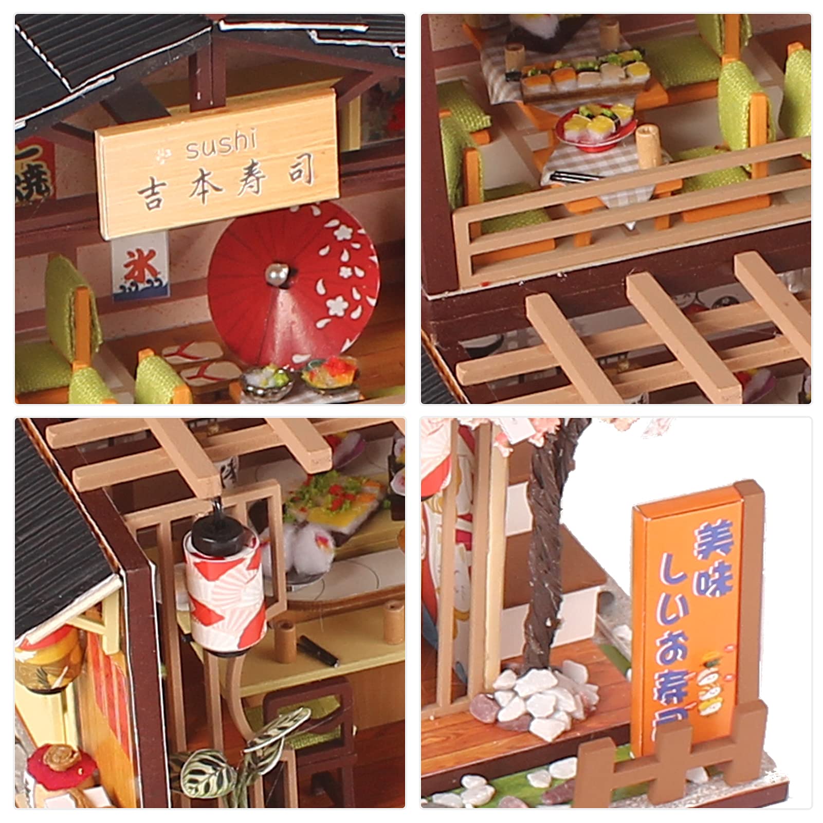DIY Miniaturowy Zestaw Domowy, Drewniany DIY Sklep z Sushi Model Sklep z Jedzeniem i zabawą kreatywność Japońska Dioda LED montaż Rękodzieło Zabawka Miniaturowe Zestawy Domowe