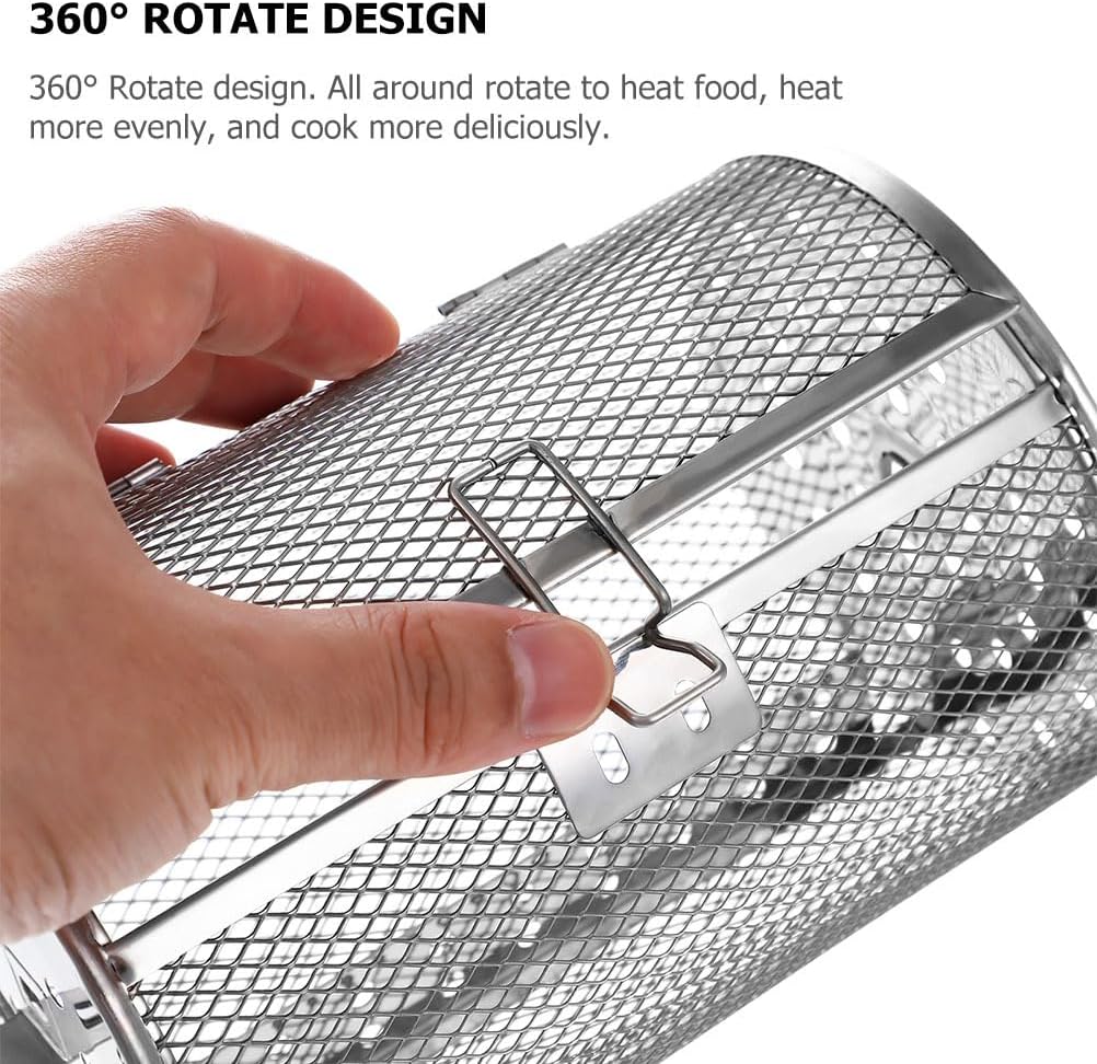 Hemoton Stainless Steel Rotating Grill Basket 7.08X5.51 Inch Oven Roaster Drum Air Fryer Basket for Nuts Meat and Vegetables Rotisserie Cooking