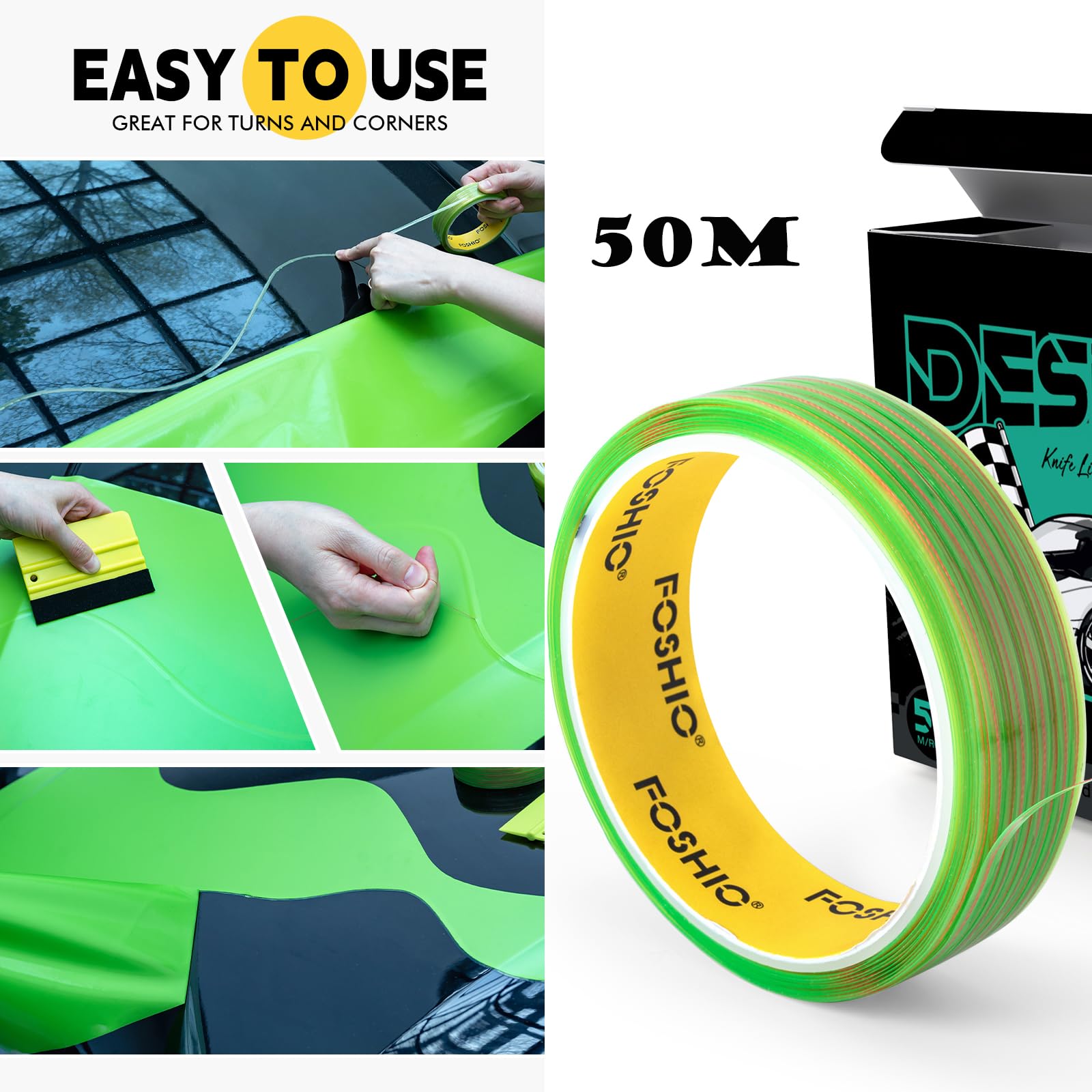 FOSHIO - Kit de herramientas de vinilo para coche, cinta de corte sin cuchillo, 50 m, raspador para película teñida, kit de herramientas para envoltura de película, 6 imanes para envolver, raspador