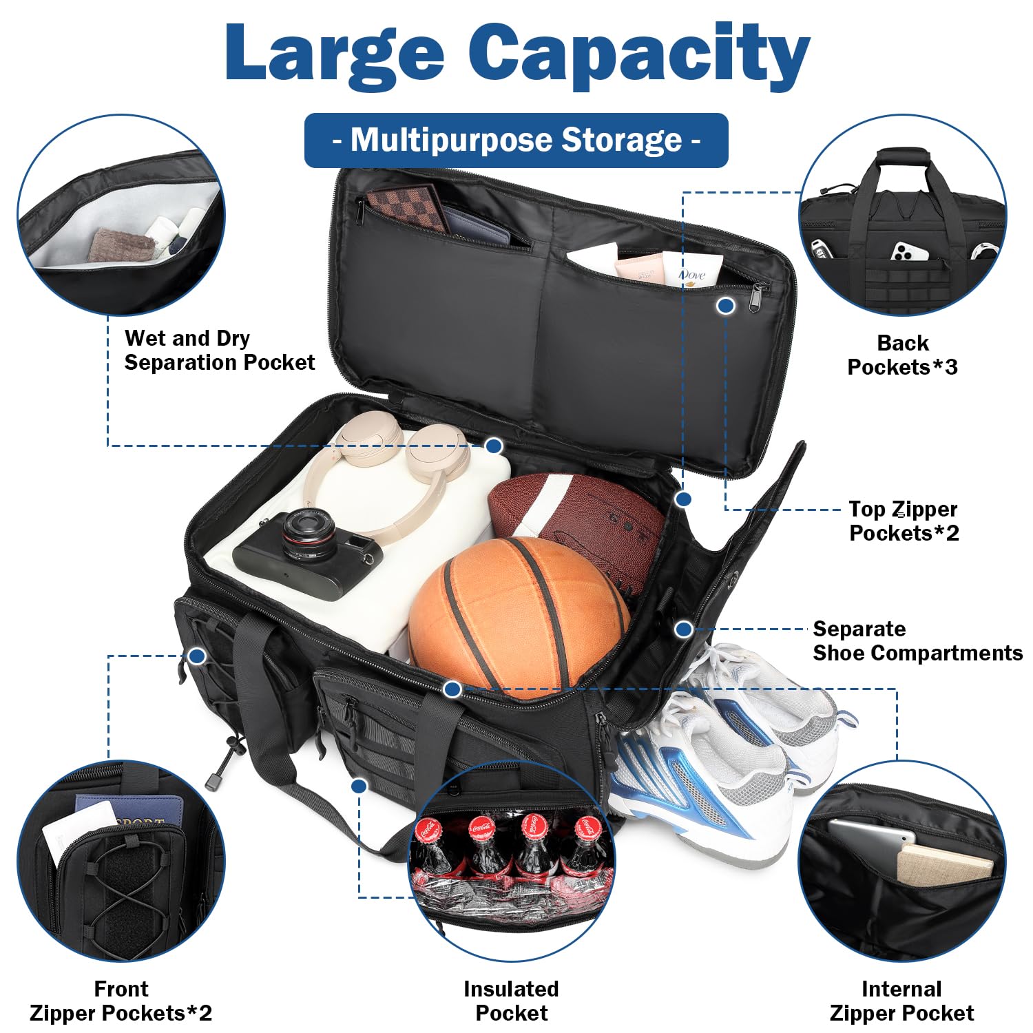 Borsa sportiva 3 in 1, da uomo, con scomparto per scarpe e funzione zaino, borsa tattica da viaggio, bagaglio a mano, zaino con scomparto bagnato, borsa da palestra per allenamento, fitness