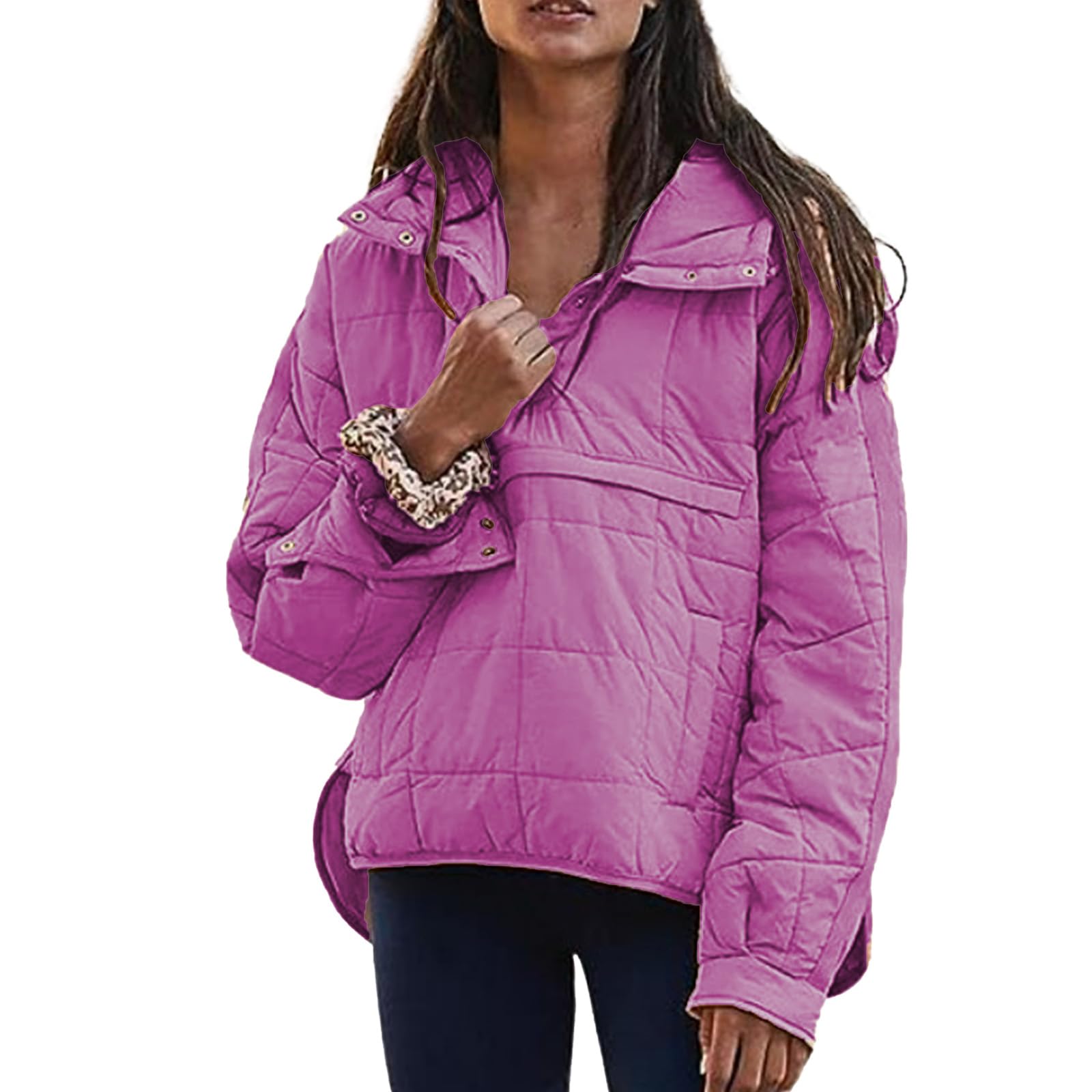 Women's Hooded Puffer Jacket Oversized Quilted Lightweight Winter Warm Pullover Down Jacket Padded Hoodies Coat Outwear Purple