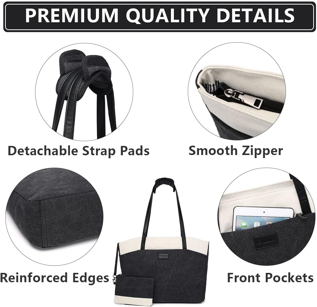 RAVUO Tote Bag for Women, Water Resistant 2PCS Set 15.6 Inch Laptop Travelling Bags Work Teacher Purse W Portable Pouch