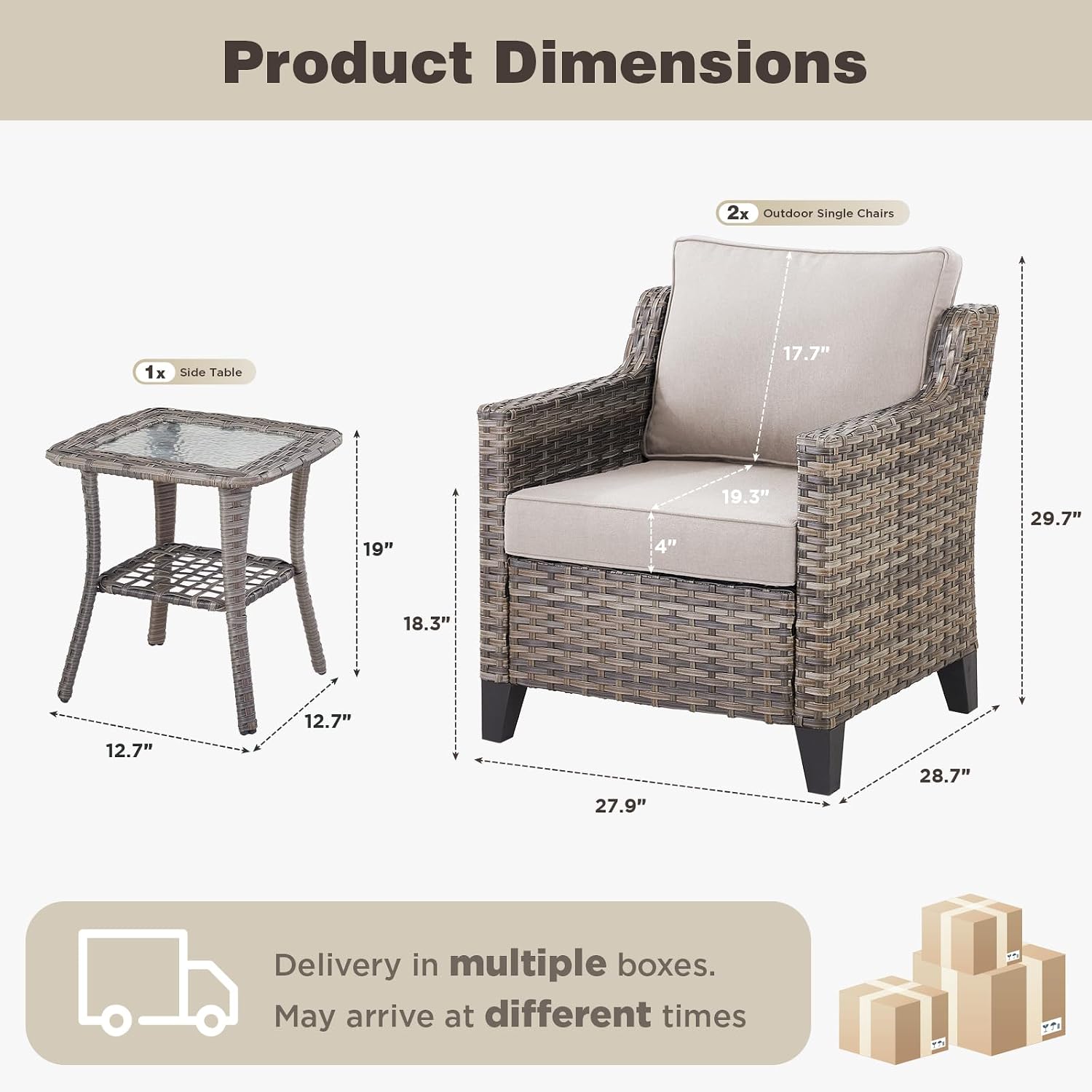 Belord Patio Chairs Set with Side Table, Outdoor Rattan Chairs for Deck Porch Garden, 3 Piece Luxury Patio Furniture Set, Beige