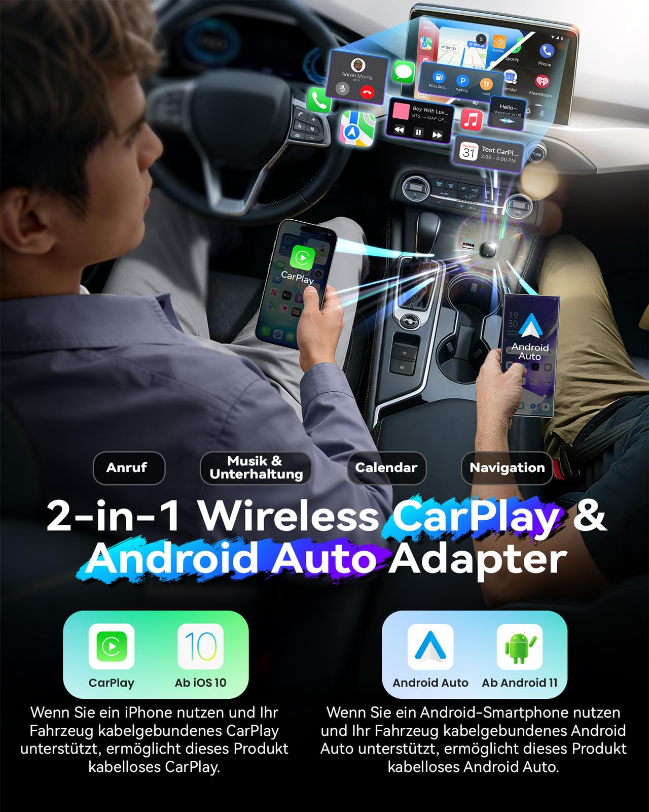 Wireless Carplay & Android Auto Adapter 2-in-1, 1-klick-Benutzerwechsel, Mavlou 2026 Ultra-Mini Dongle, Convert Wired CarPlay/Android Auto zu Wireless, für iOS 10+/Android 11+ & Autos ab 2016