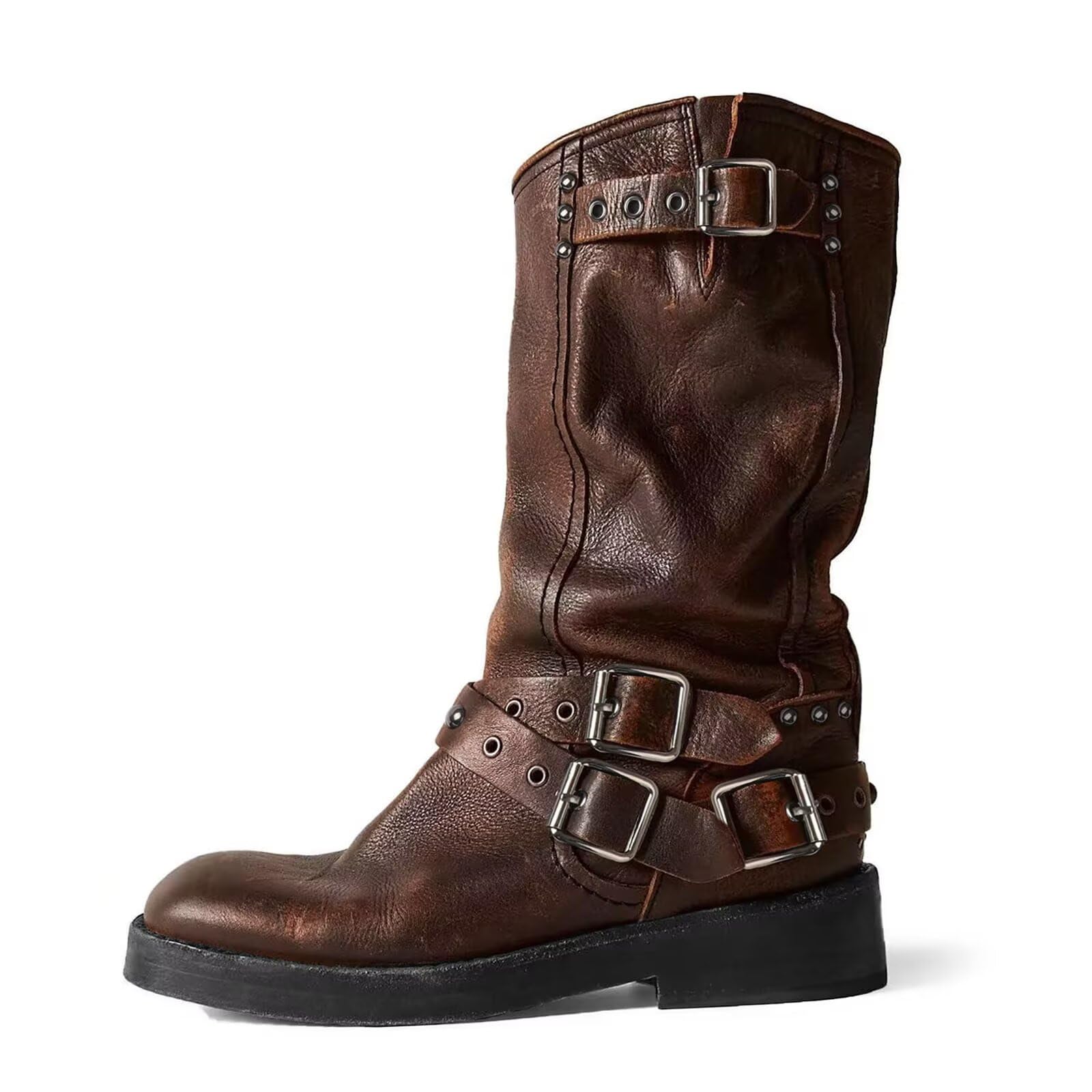 Agodor Brown Womens Mid Calf Boots Chunky Low Heel Riding Buckle Boot for Women Squared Toe Motorcycle Boots
