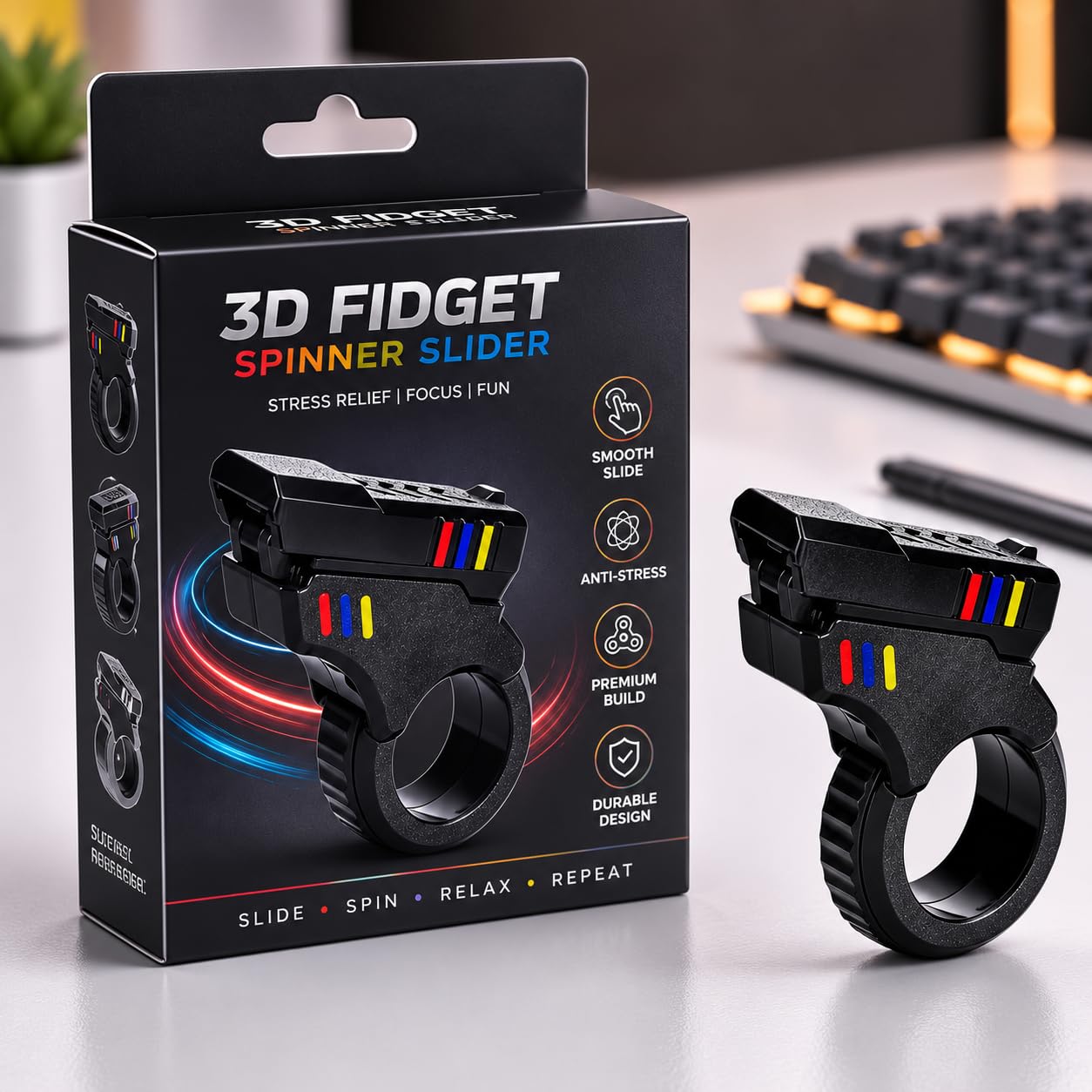 3D Fidget Spinner Slider Toy, EDC Finger Ring Pad Clicer Pistol Hand Roller Desk Sensory Play Toy Adult Toys Stainless Steel, Cool Toys for Adults for Anxiety and Stress ADHD for Office Desk, Black-image-25