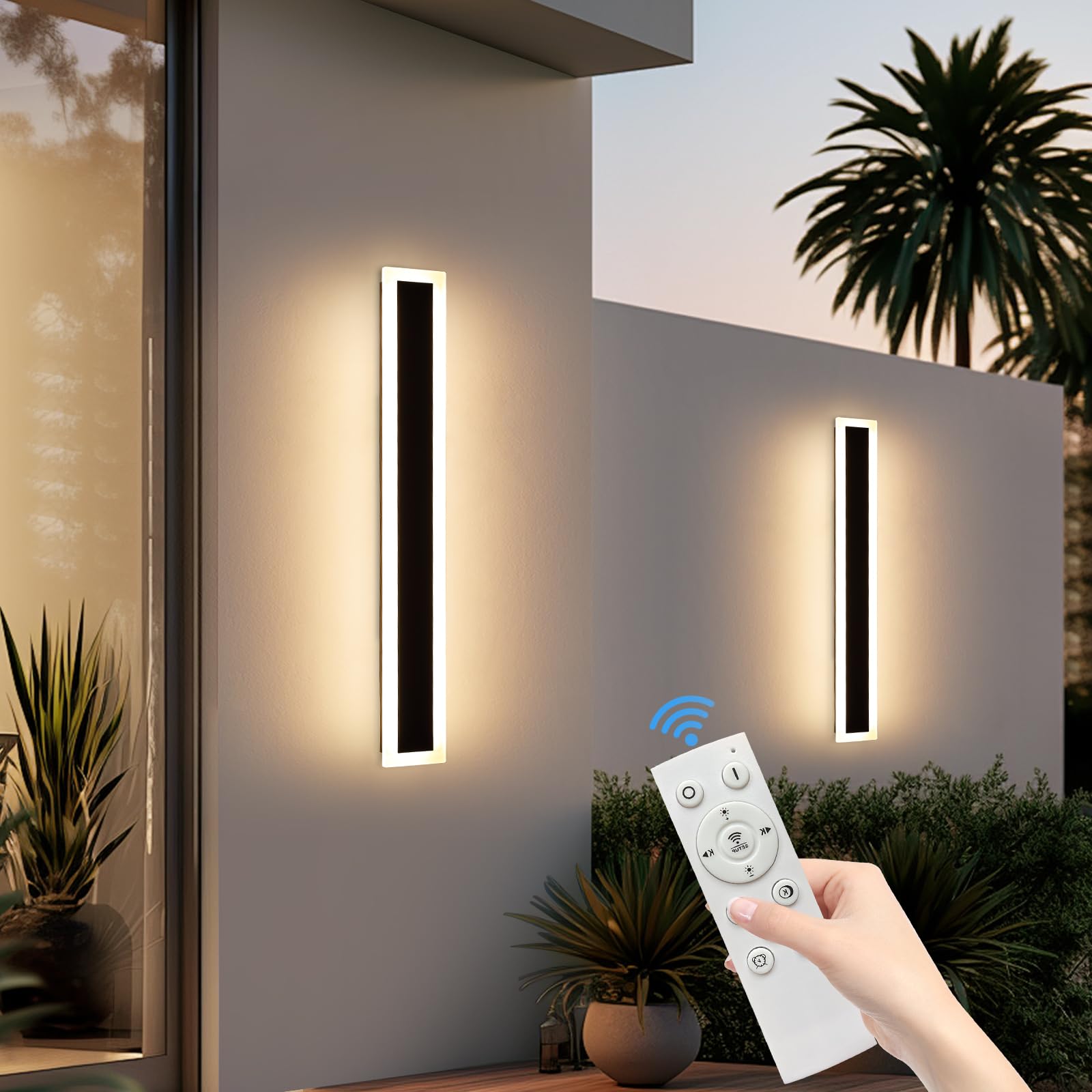 Upgrade Widened 2 Pack Modern Outdoor Wall Light Fixtures, 39.3inch Dimmable LED Wall Sconce 3000K-6000K, IP65 Waterproof, Long Linear Wall Lamp Lighting for Porch, Patio, Garage with Remote Control