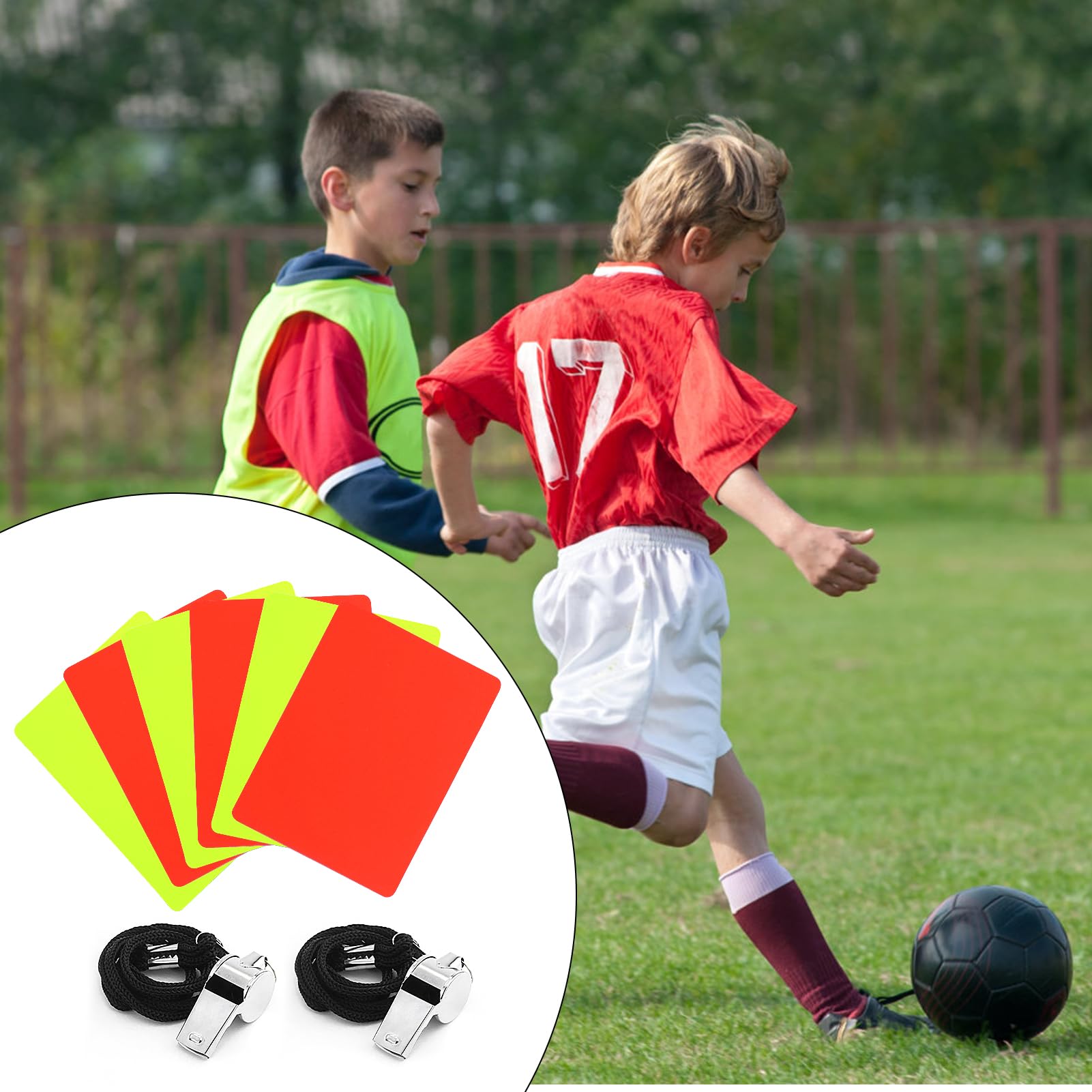 Juego de 6 cartas rojas y amarillas para árbitro de fútbol con 2 silbatos deportivos con cordón, accesorio indispensable para cualquier juego de fútbol