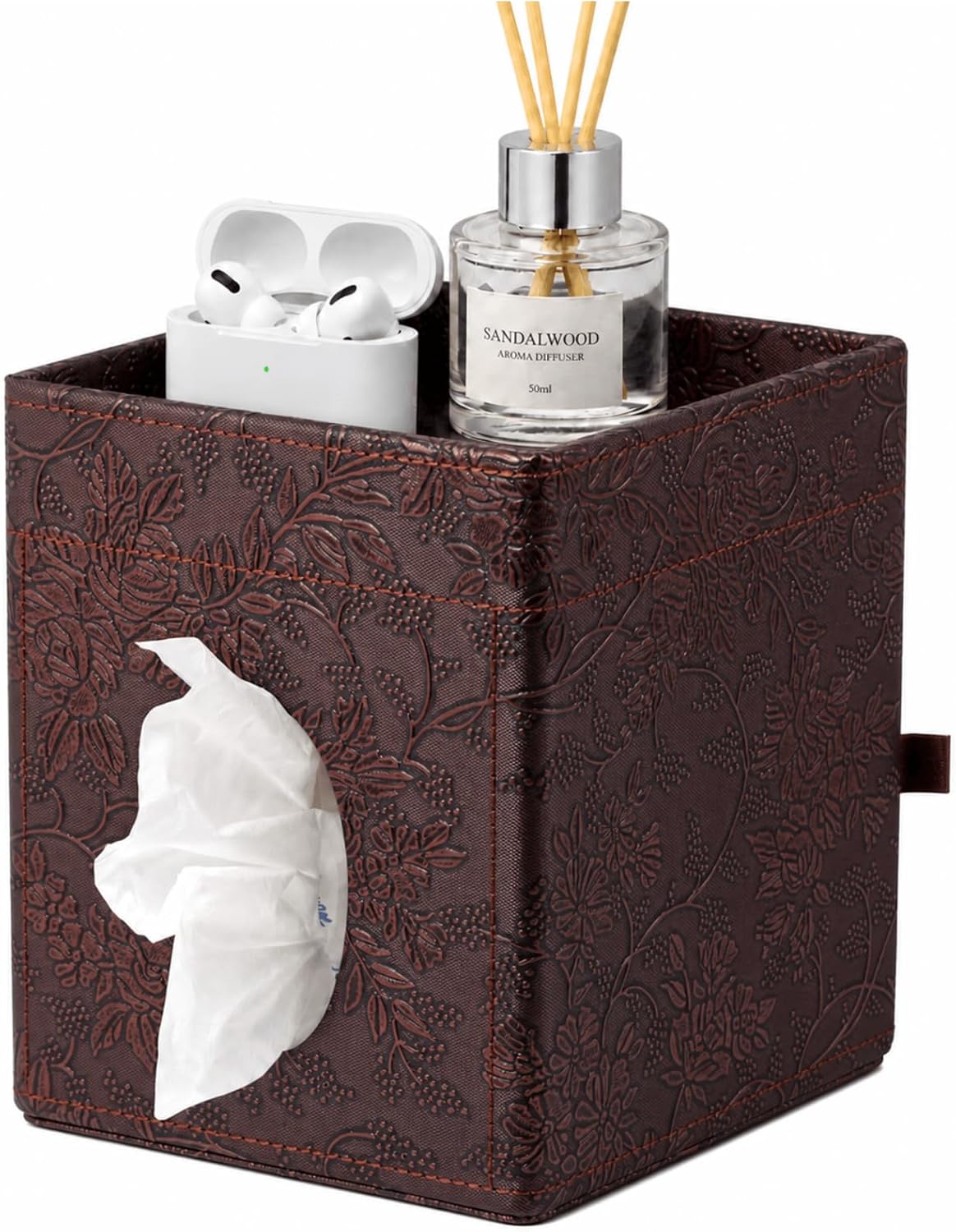 PU Leather Square Tissue Box Cover with Upper Storage Tray