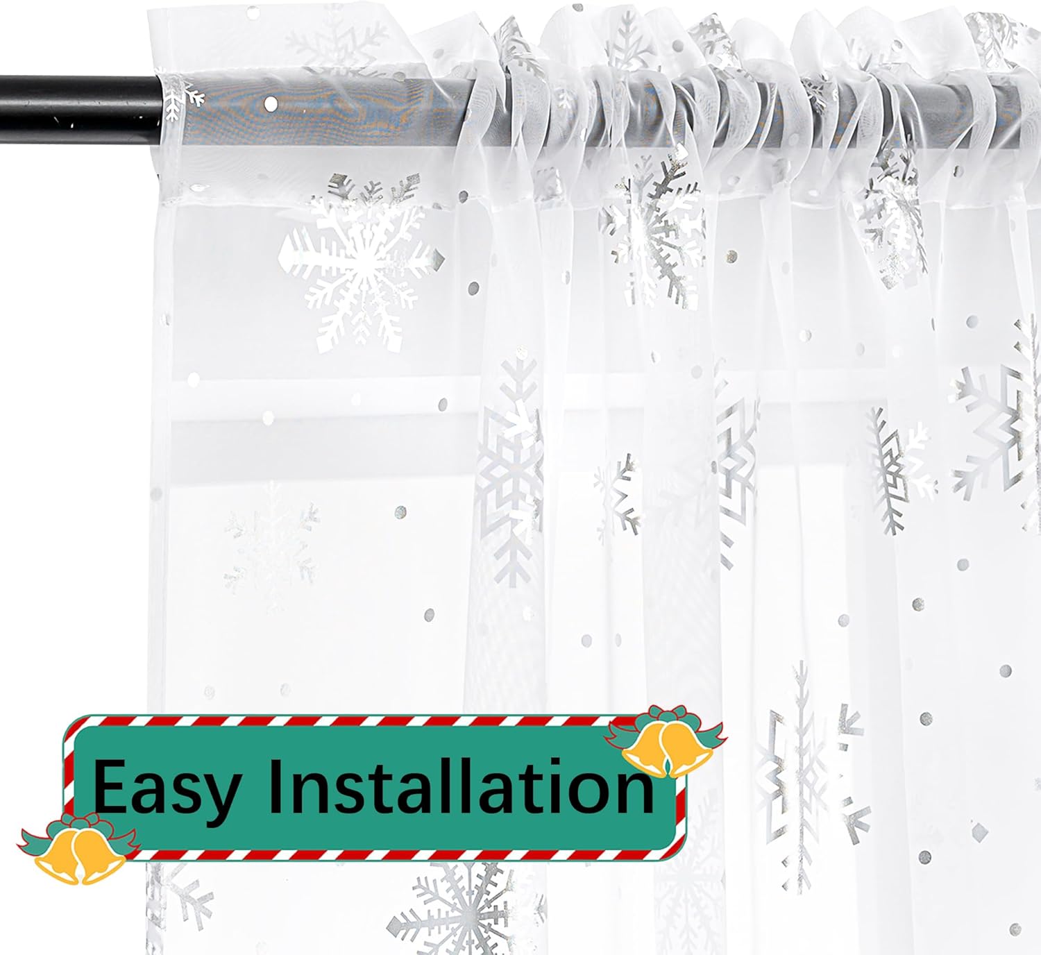 Christmas Sheer Curtains for Living Room, Luxury Snowflake Silver Foil Print Sheer Curtains, Rod Pocket Window Drapes Decorations for Bedroom and Home Decor, 2 Panels White 52W x 63L