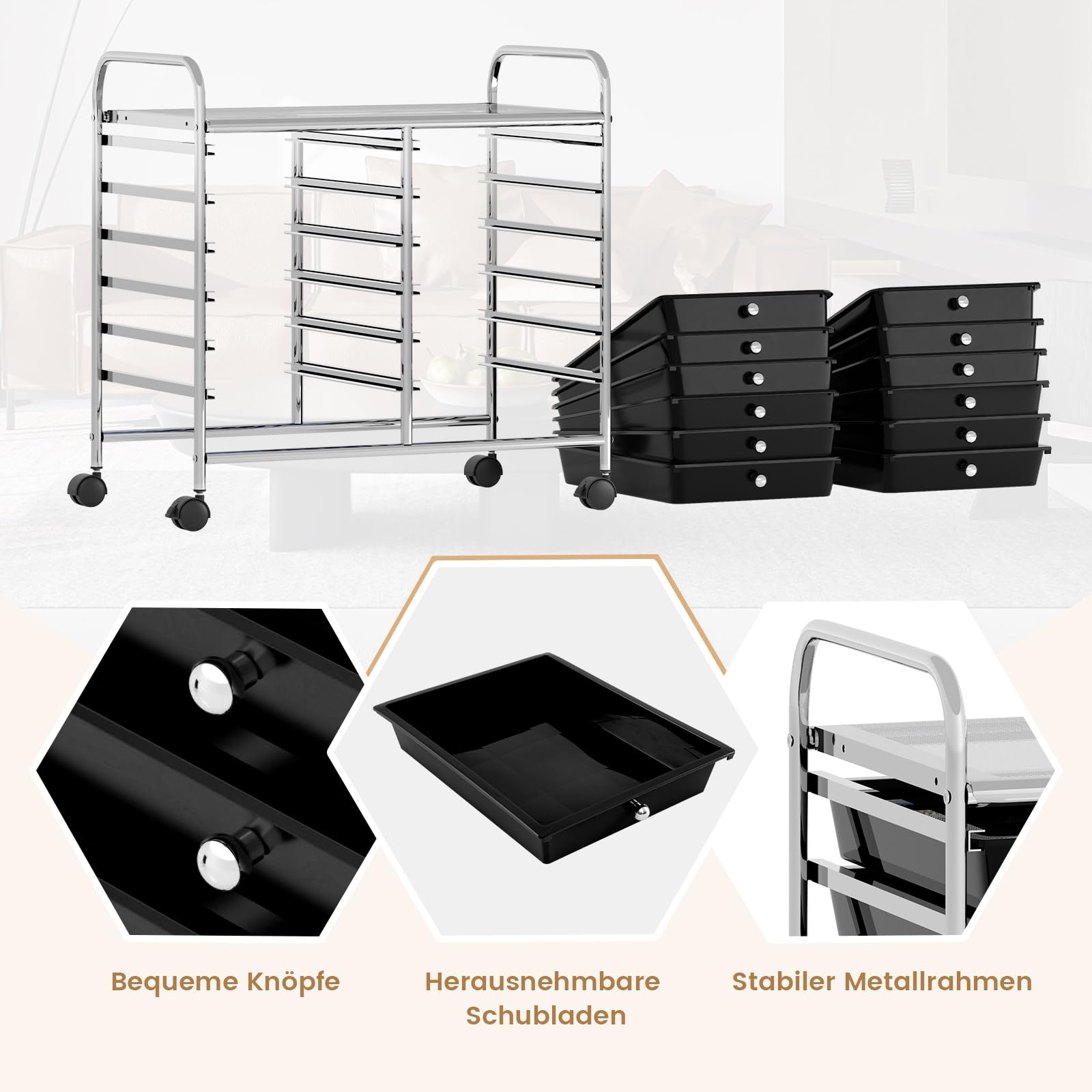 COSTWAY Rollwagen mit 12 stapelbaren Schubladen, Schubladenwagen (Schwarz)