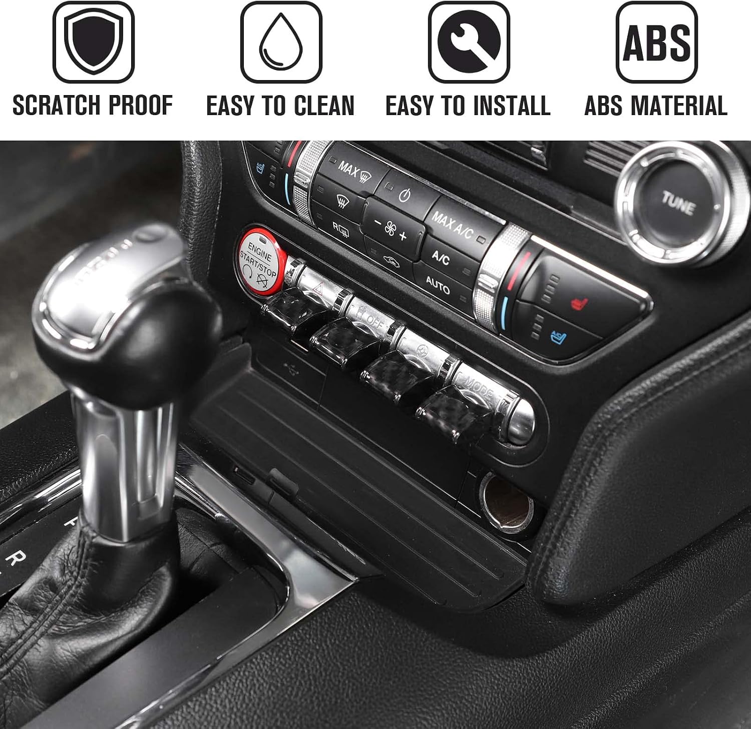 Jimen Compatible with Ford Mustang 2015-2020, Center Console Dashboard Button Switch Cover Trim (Carbon Fiber)