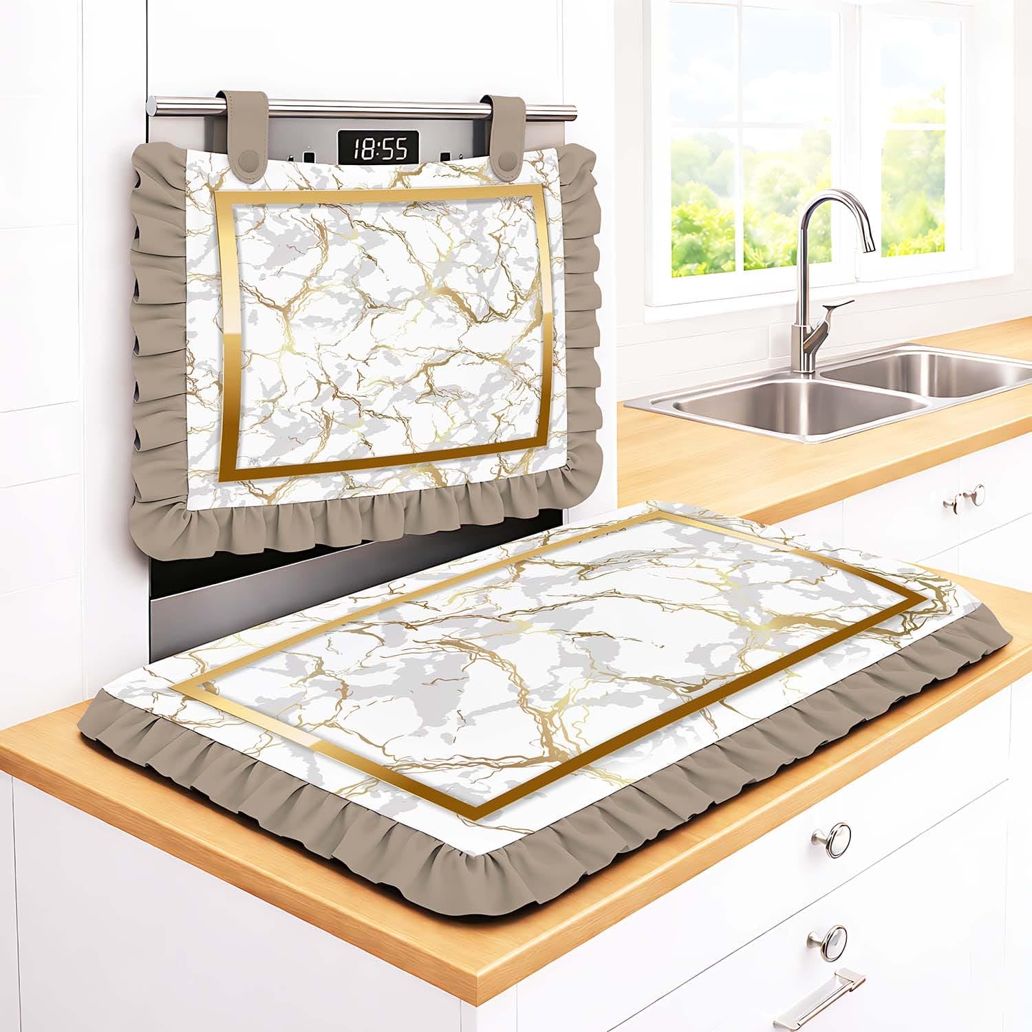 Set Cucina Copriforno 40x50 cm + Coprifornelli 46x70 100% microfibra anallergica Design Effetto Marmo Cornice Oro - Protezione Completa 5 Colori stampa digitale 4K Made in Italy (Bianco)
