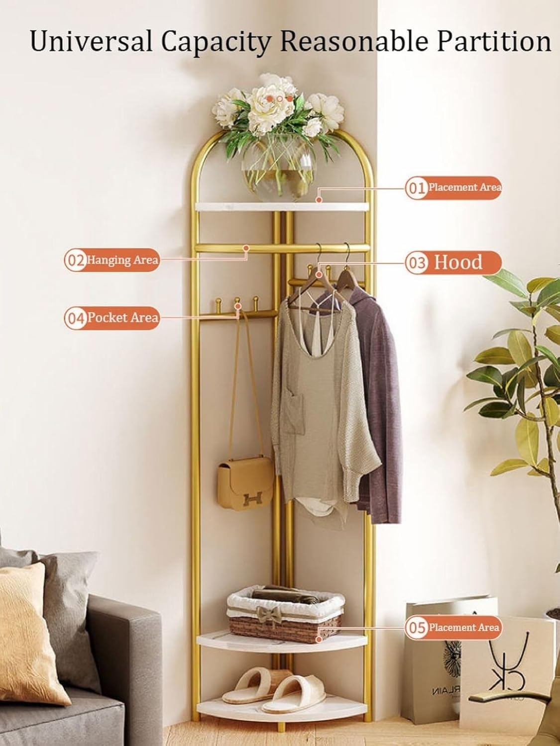 Industrial Corner Hall Tree with 6 Hooks, Shoe Rack & Storage Shelves, Space-Saving Coat Rack for Entryway