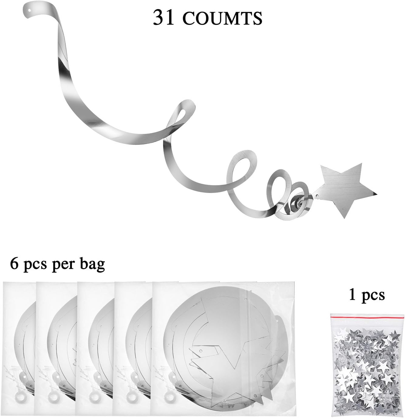 Konsait Hanging Swirl Silver Decorations(30 Counts) Silver Star Table Confetti(15 Gram), Silver Hanging Party Supplies for Wedding Shower Birthday Party Table Decor Twinkle Twinkle Baby Shower