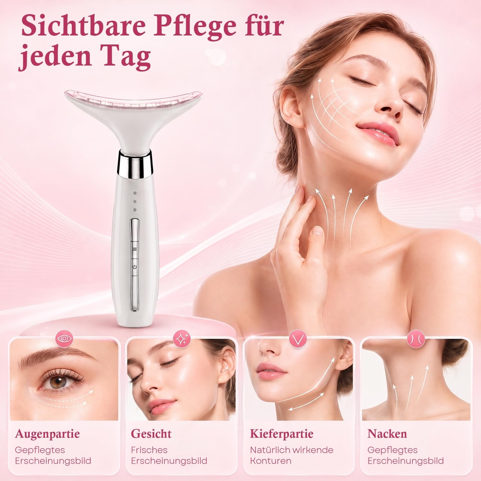 Gesichtsmassagegerät Gesicht Massagegerät Face Massager: 4-in-1 EMS Gerät Gesicht mit 4 Massageköpfen - Massagegerät Gesicht mit Wärmefunktion LED Licht & Vibrationsmassage für Gesicht & Hals Gerät