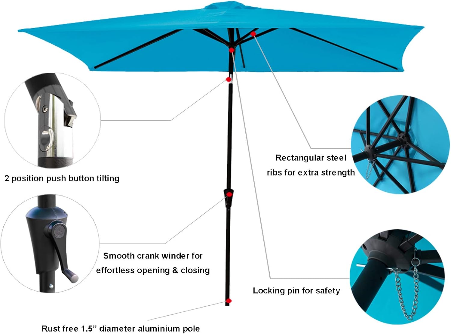 C-Hopetree Rectangular Outdoor Patio Market Table Umbrella with Tilt 6.5 x 10 ft, Aqua Blue