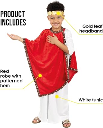 Fun Shack Roman Emperor Costume Kids Roman Costume Greek Toga Fancy Dress Halloween Costumes for Boys S M L XL | White Tunic with Red Robe Featuring a Gold, Red Patterned Hem Included, Perfect for Halloween, Fun for Fancy Dress