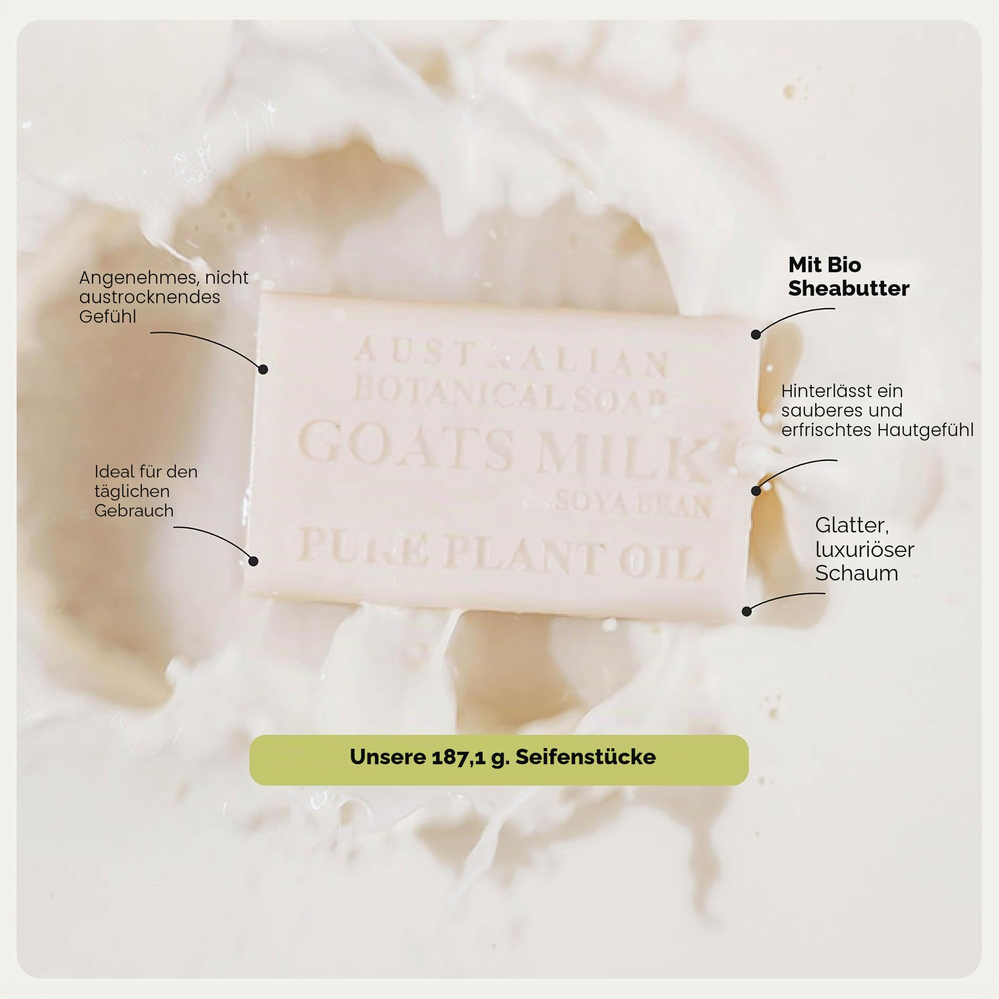 Australian Botanical Soap Goats Milk and Soya Bean Oil Triple-Milled, 8 Bars