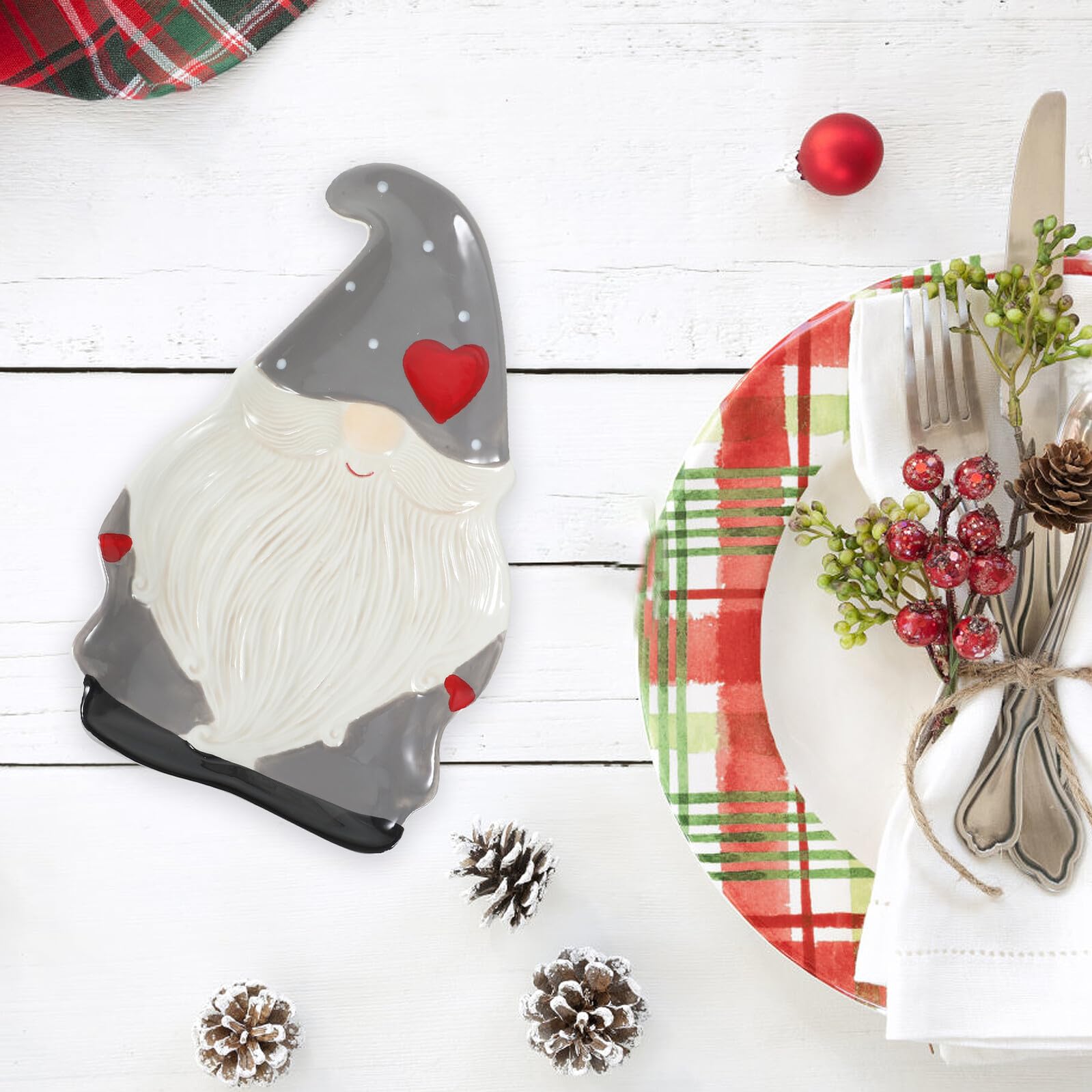 TOYANDONA Plato Navideño de Cerámica Diseño de Papá Noel Tamaño Mediano Color Detalles Rojos Adecuado para Fiestas de Navidad y Decoración Hogareña