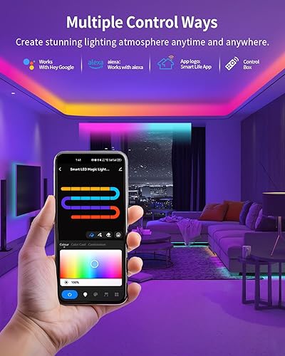 Miniatura 5 de Tira de luces LED RGB+IC, luz LED Bluetooth inteligente para dormitorio, tiras LED que cambian de color con 44 modos de escena (6.6 pies)