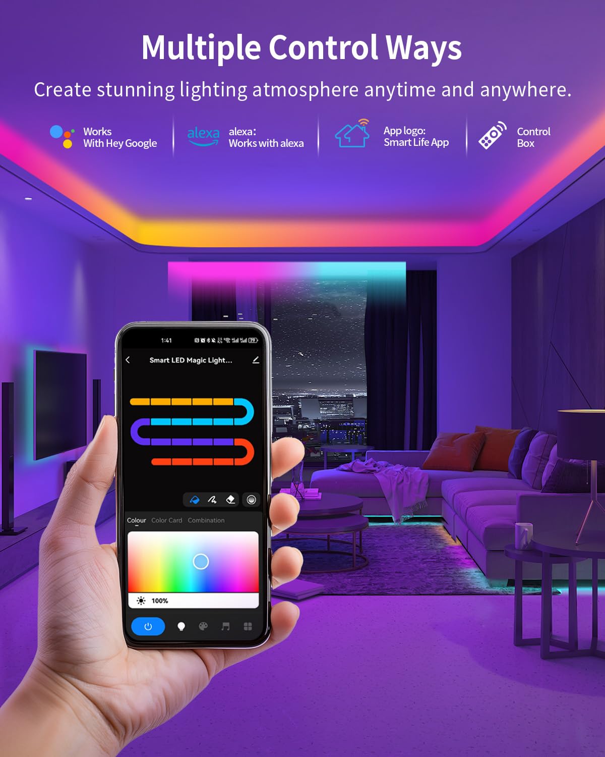 RGB+IC LED-Lichtstreifen, intelligentes LED-Licht für Schlafzimmer, Farbwechsel-LED-Streifen mit 44 Szenenmodi, segmentierte Steuerung, für Schlafzimmer, Zuhause, TV, Wanddekoration, Party