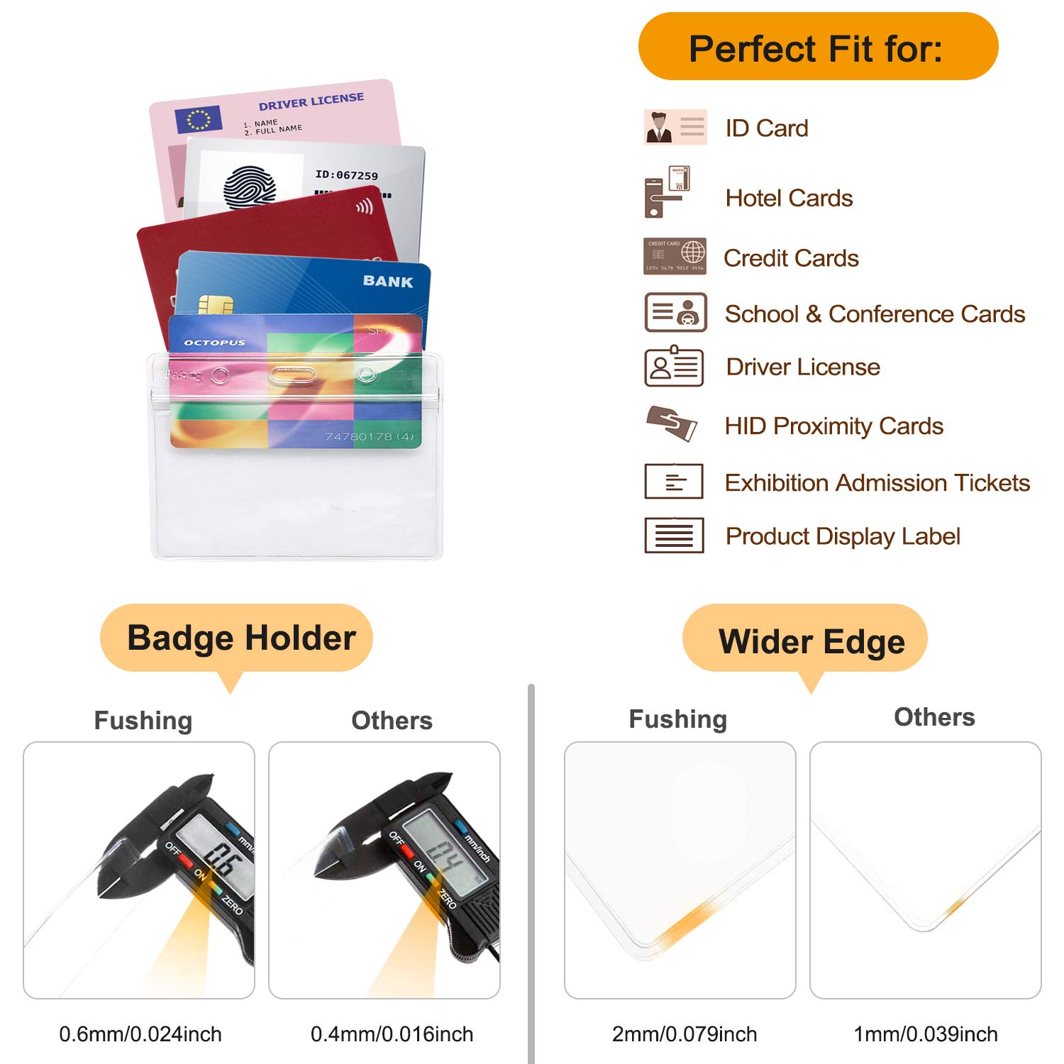 Fushing - Lote de 10 soportes retráctiles para tarjetas de identificación, de plástico transparente y resistente al agua, con carrete de insignia retráctil, mosquetón y anillo (Horizontal)