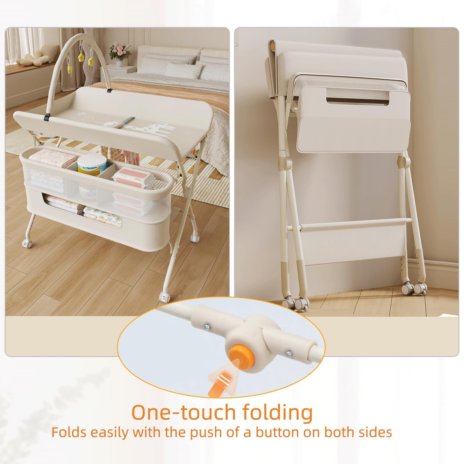 Fasciatoio Neonato Pieghevole Portatile Altezza Regolabile con Ruote Silenziose 360° Bloccabili Bianco Latte 75x68x83-91cm
