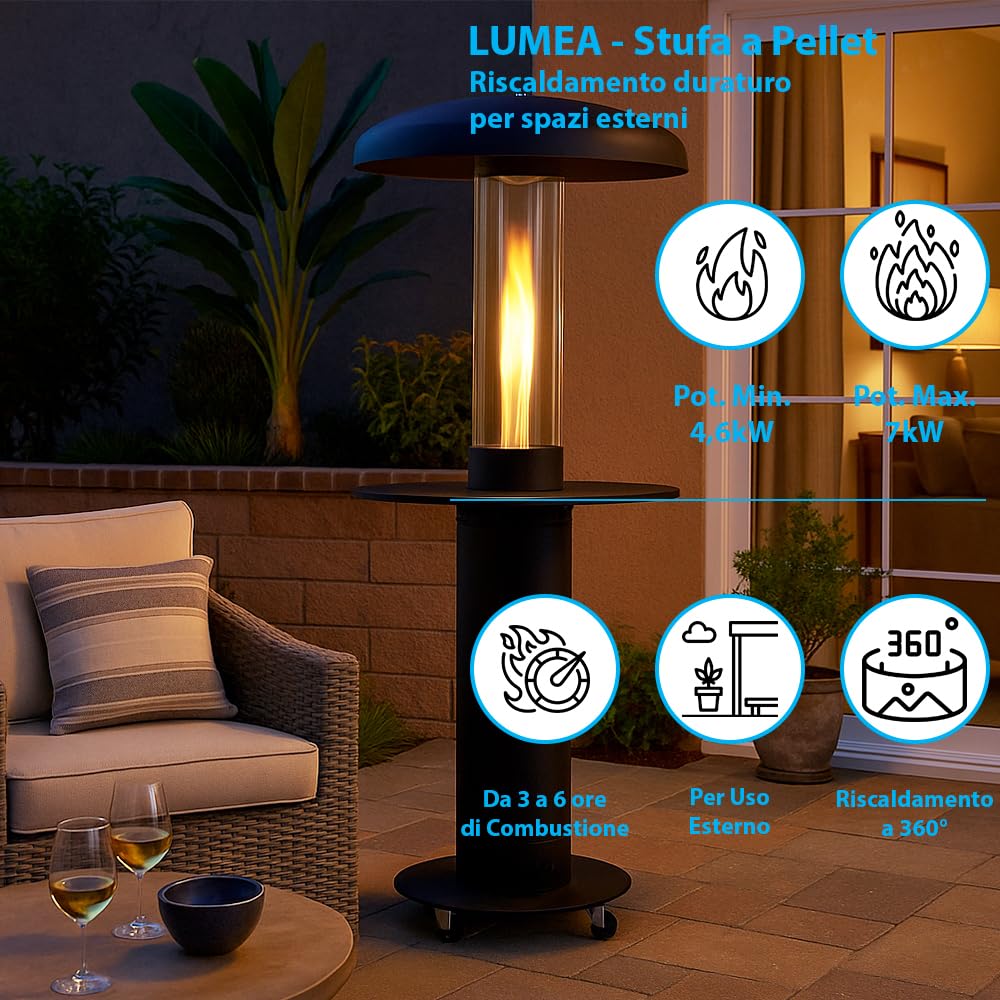Stufa a Pellet da Esterno Lumea | Riscaldamento a 360° fino a 6 ore Potenza Regolabile 4,6-7 kW | Design moderno con ruote | Include Guanti, Spazzola e Powerbank