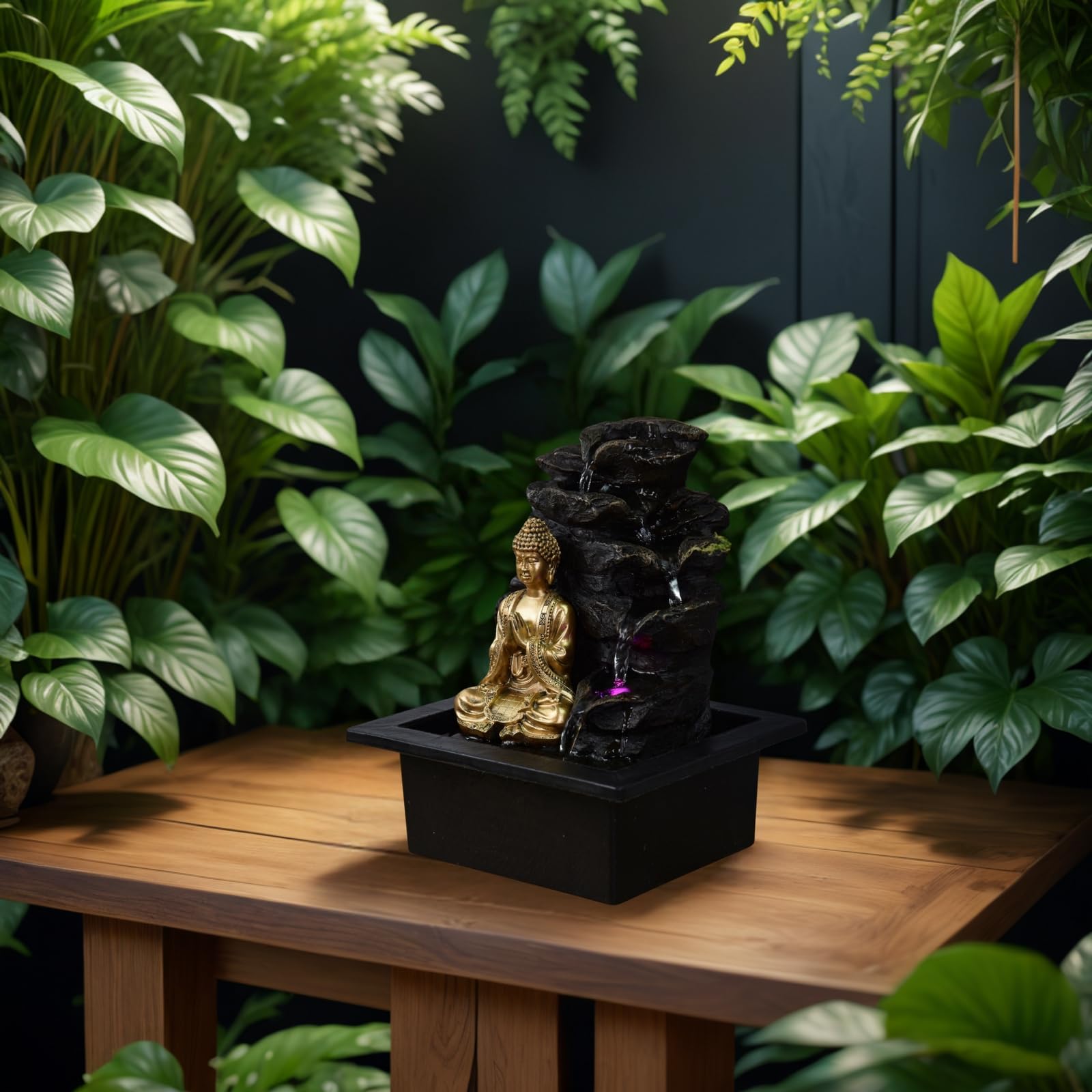 Zen Light - Shira, fontana da interno con pompa e Illuminazione a LED, in resina, nera, misura unica